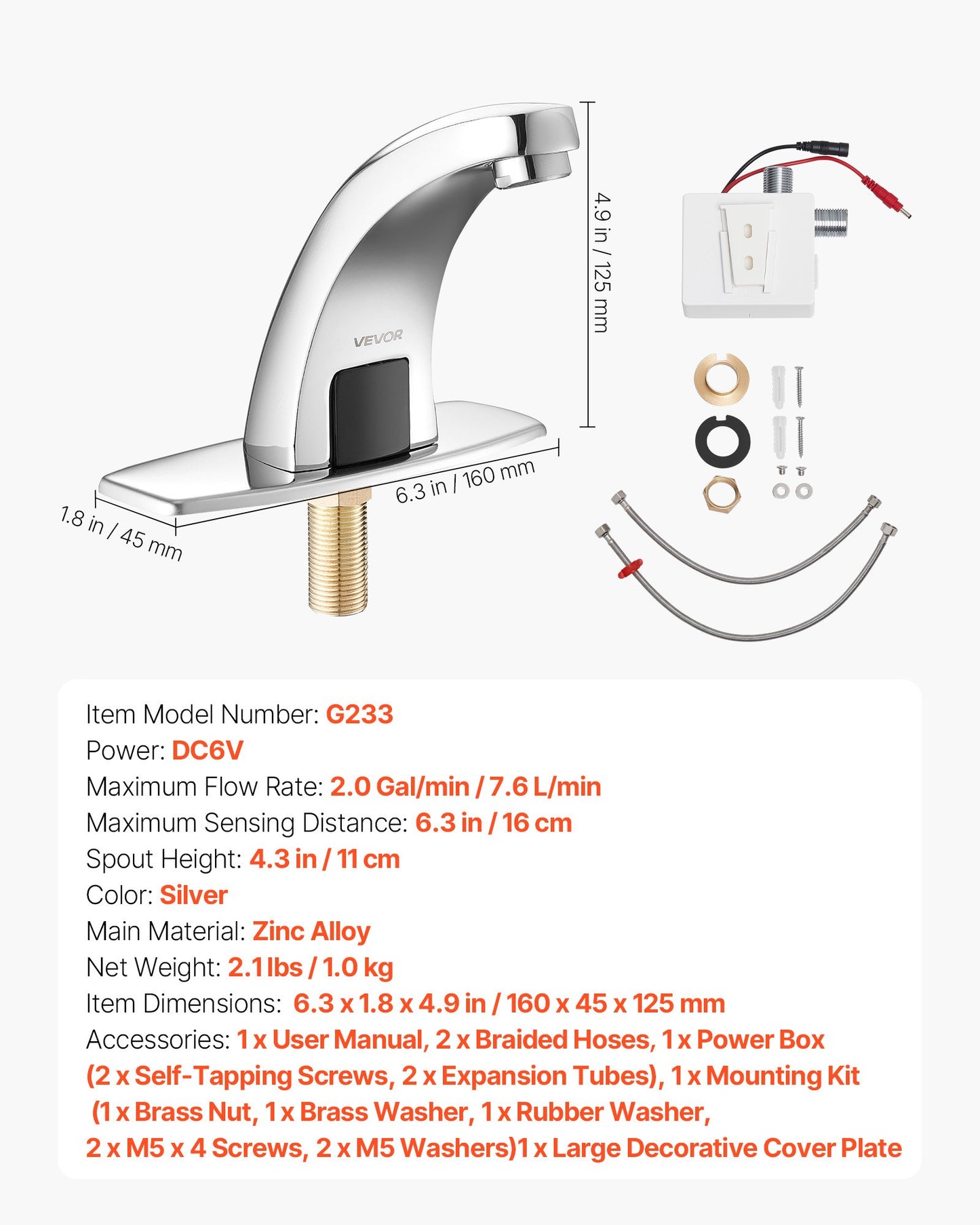 Beröringsfri handfatskran, automatisk rörelsesensor toalettblandare kallvatten med hålplatta, batteridriven för 9,5 mm rör kommersiell toalett, förkromad silver, G233