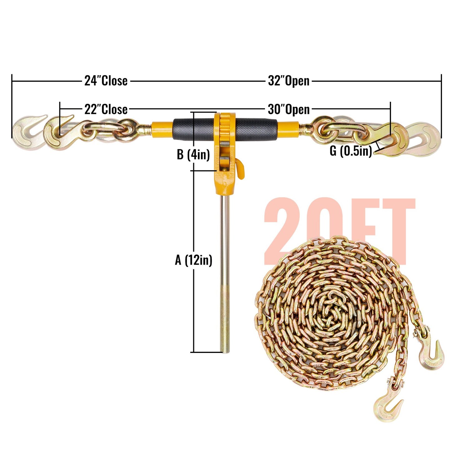 Ratchet Chain Binder, 5/16"-3/8" Heavy Duty Load Binders with G80 Chains, 7100 lbs Secure Load Limit, Labor-saving Anti-skid Handle, Tie Down Hauling Chain Binders for Flatbed Truck Trailer, 2 P