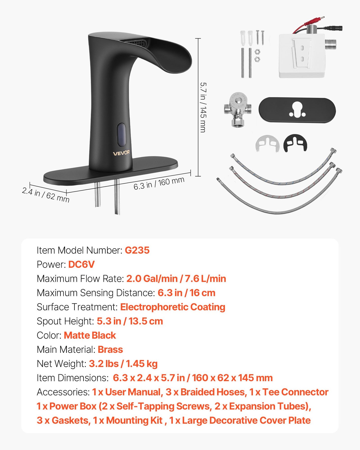 Touchless Bathroom Sink Faucet, Automatic Motion Sensor Waterfall Restroom Toilet Faucet with Hole Cover Plate, Modern Electronic Sensor Hot/Cold Water for 9.5 mm Pipe Commercial,Matte Black