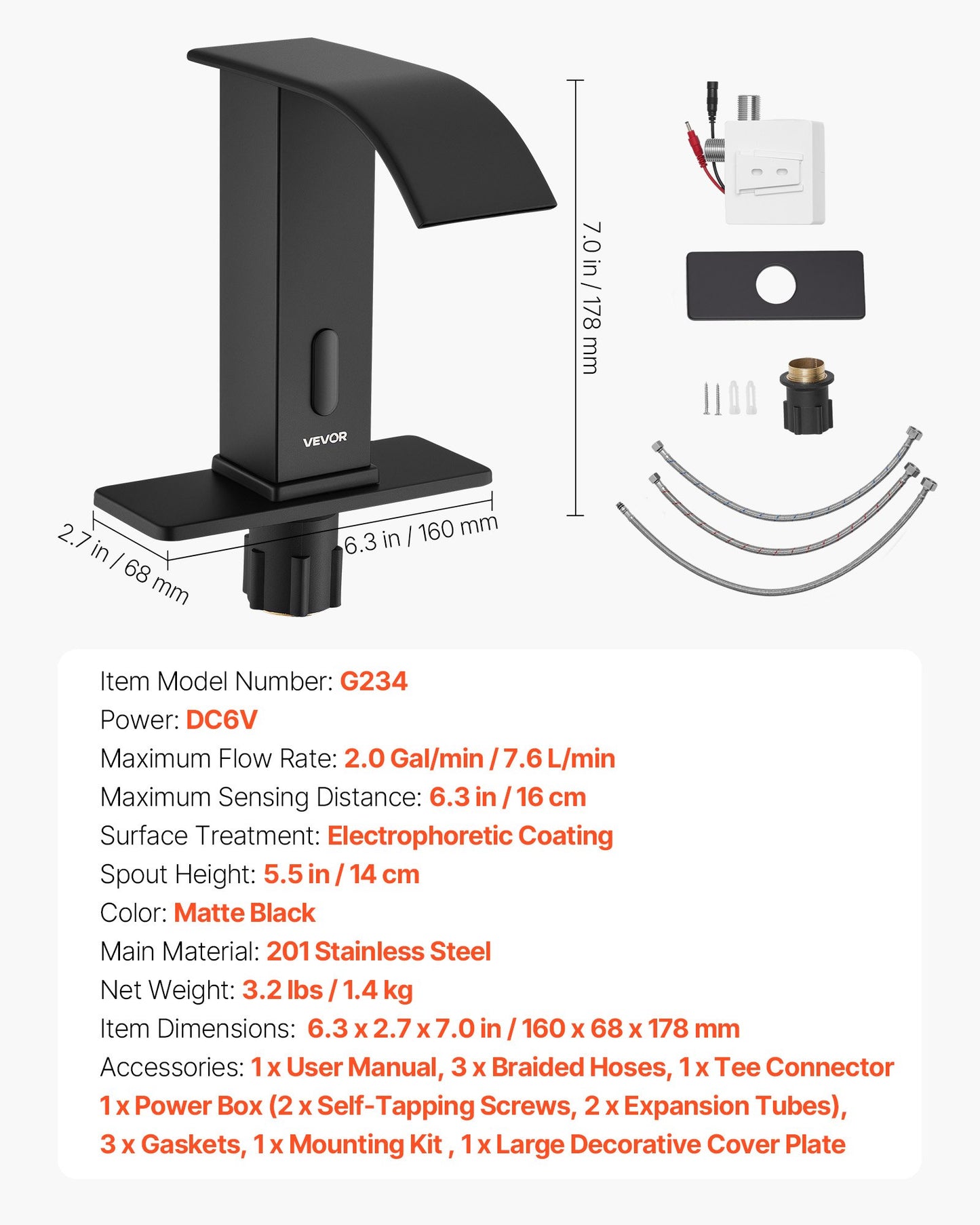 Beröringsfri badrumsblandare, automatisk rörelsesensor, vattenfall, toalettblandare med hål, batteridriven, varmt/kallt vatten för 9,5 mm rör, kommersiell toalett, mattsvart
