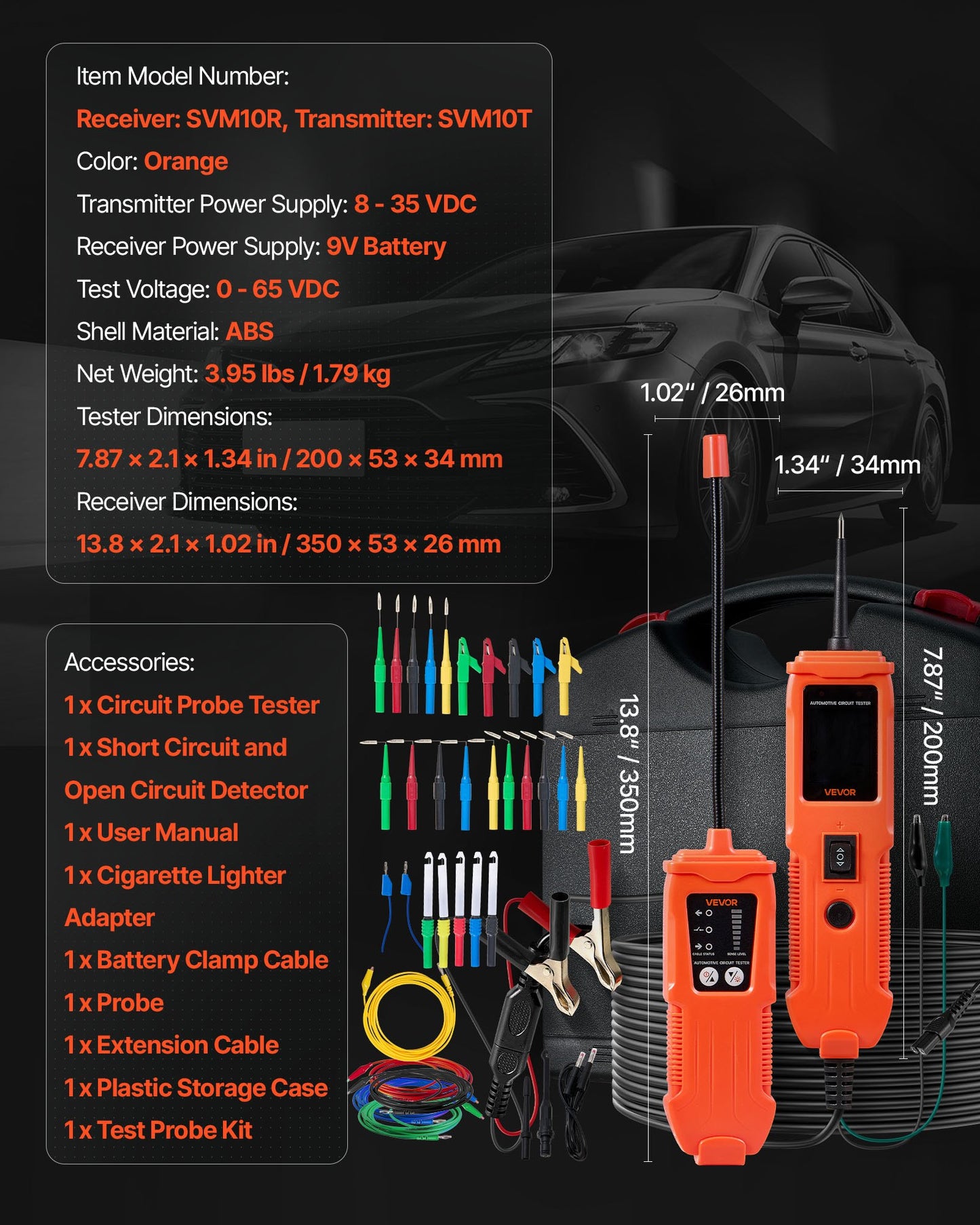 Automotive Circuit Tester Kit, 8 - 35 DCV Power Circuit Probe Tester with TFT Color Display and Lighting, 2-in-1 Electrical Automotive Power Tester Probe with 19.7 ft / 6 m Extension Cable