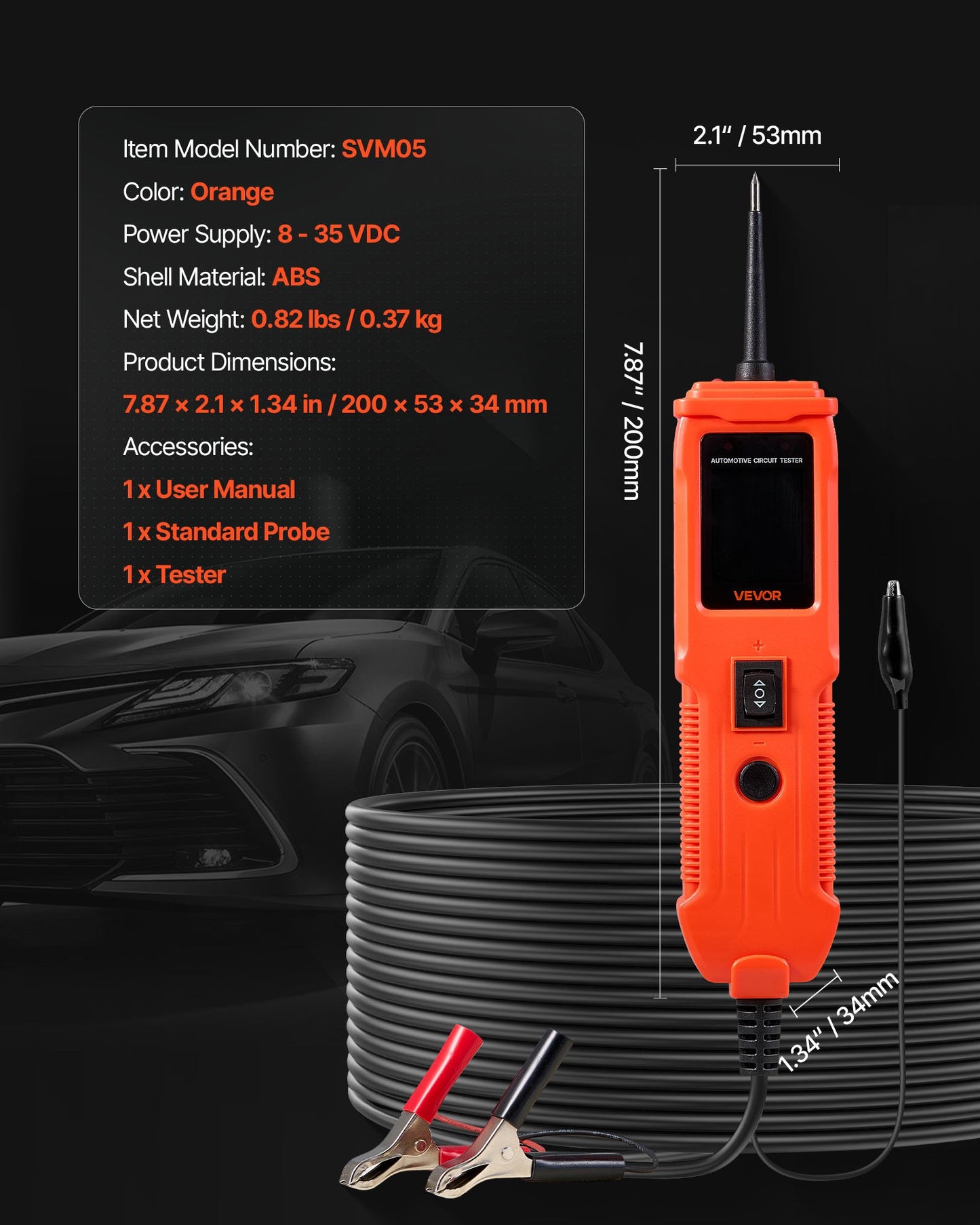 Automotive Circuit Tester, 8 - 35 DCV Power Circuit Probe Tester with TFT Color Display and Lighting, Automotive Power Tester Probe with 13 ft / 4 m Cable, ABS Shell Electrical Detector Finder