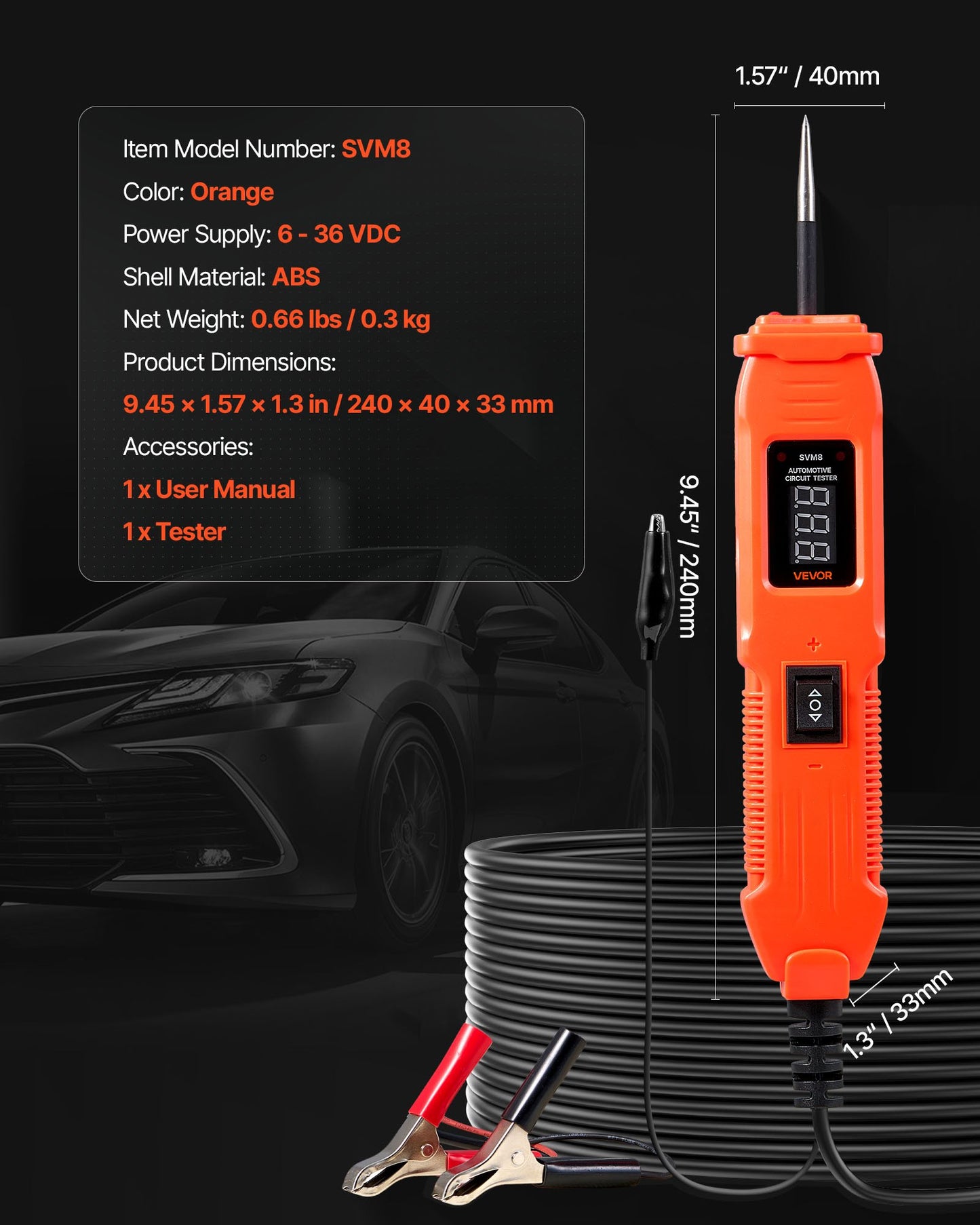 Automotive Circuit Tester, 6 - 36 DCV Power Circuit Probe Tester with LED Screen and Lighting, Automotive Power Tester Probe with 13 ft / 4 m Cable, ABS Shell Electrical Detector Finder