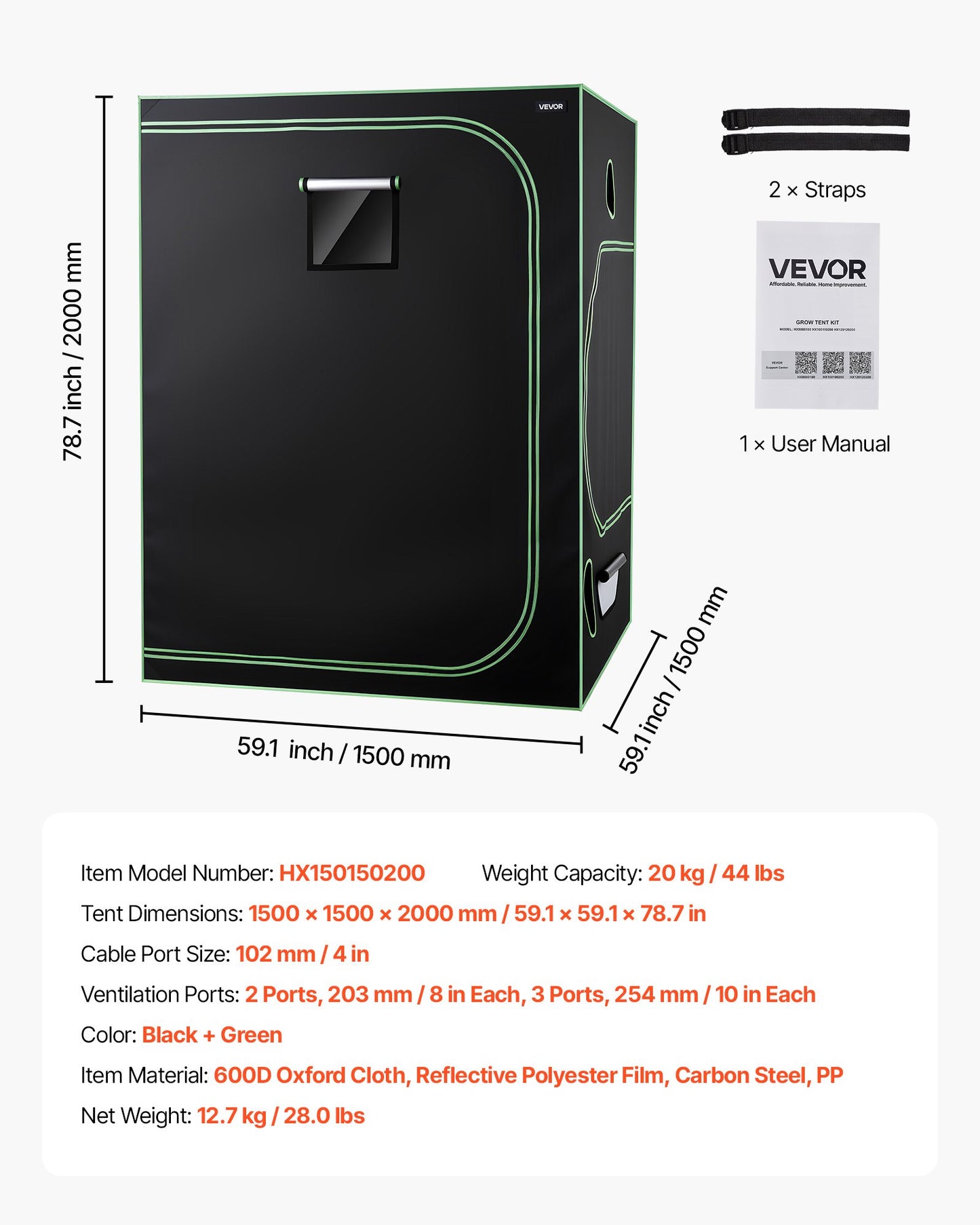 Inomhusväxttältkit, 150 x 150 x 200 cm, inomhusväxttält med fullspektrum LED-växtljus och ventilationssystem, 600D högreflekterande Mylar, odlingstält för blomstergrönsaker