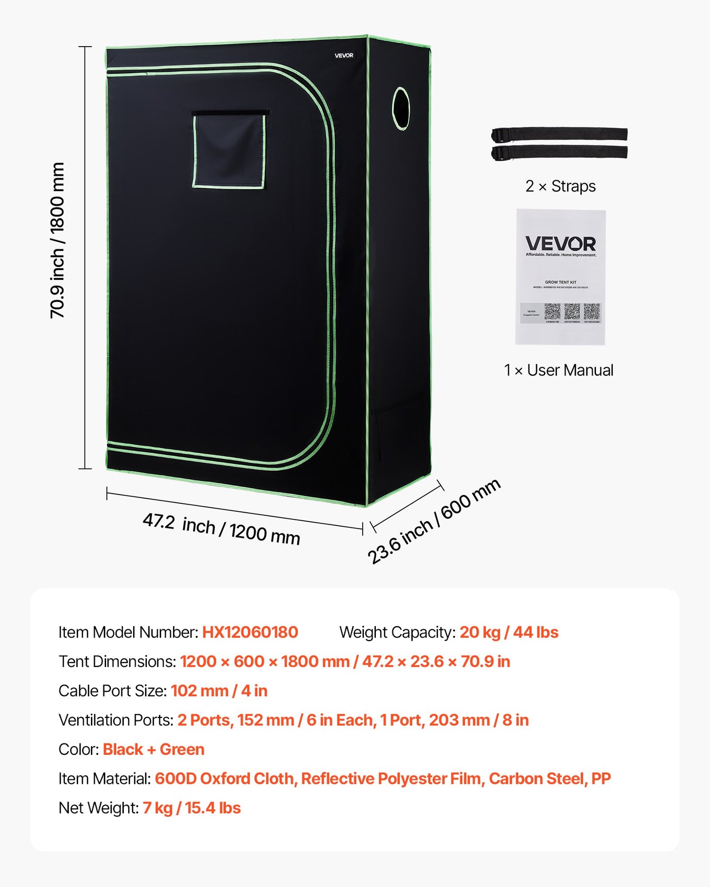 Inomhusodlingstält, 120 x 60 x 180 cm, 600D högreflekterande Mylar, inomhusväxttält med observationsfönster, golvbricka och dragkedja, kraftiga odlingstält för frukt, blommor och grönsaker
