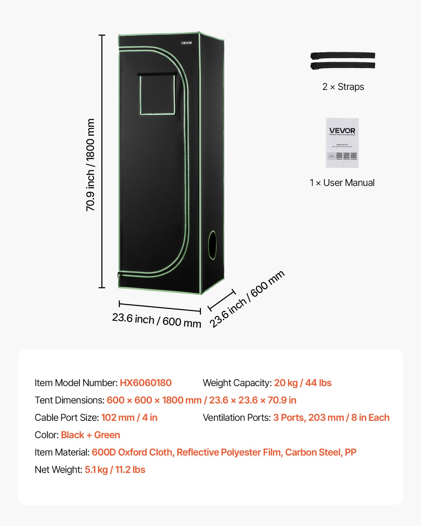 Inomhusodlingstält, 60 x 60 x 180 cm, 600D högreflekterande Mylar, inomhusväxttält med observationsfönster, golvbricka och dragkedja, kraftiga odlingstält för frukt, blommor och grönsaker