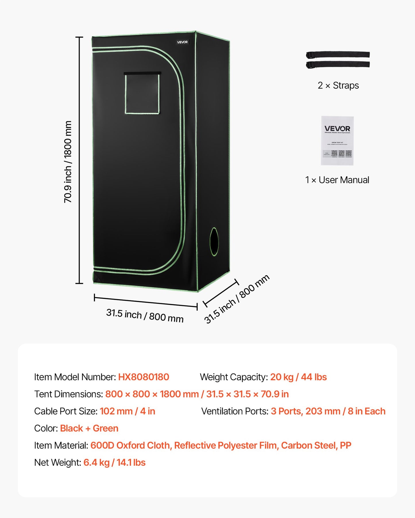 Inomhusodlingstält, 80 x 80 x 180 cm, 600D högreflekterande Mylar, inomhusväxttält med observationsfönster, golvbricka och dragkedja, kraftiga odlingstält för frukt, blommor och grönsaker