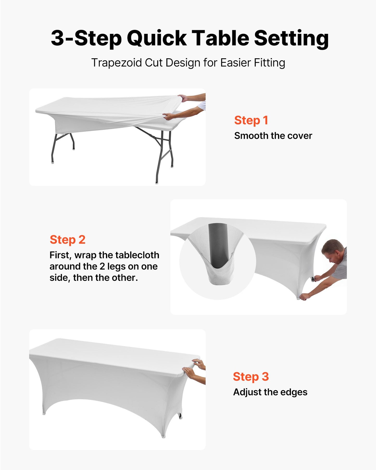 6 Pack Table Cloth for 8FT Rectangular Fitted Events, Wrinkle-Resistant Stretch White Table Covers, Washable Spandex Tablecloth Protector, for Party, Wedding, Cocktail, Banquet, Festival