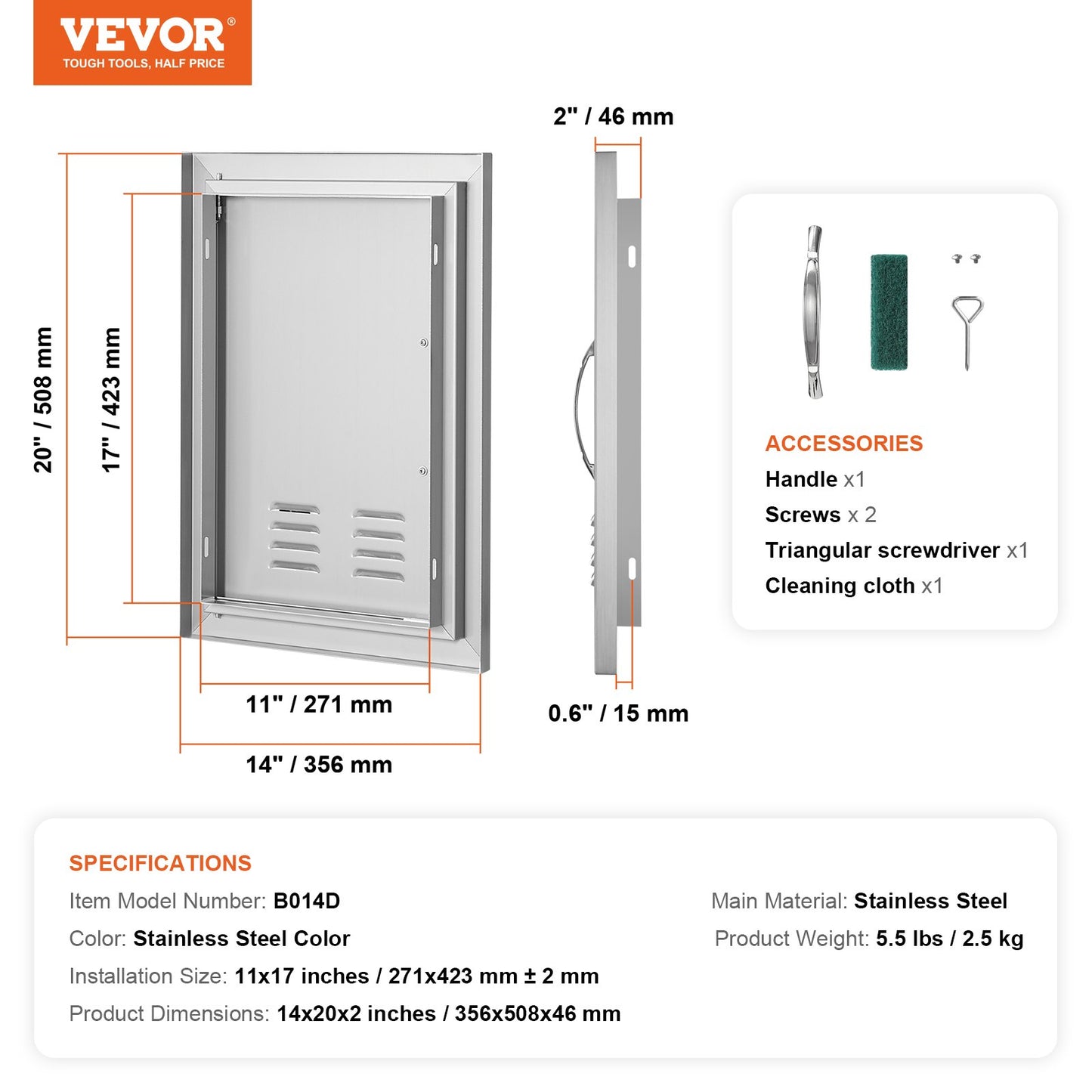 BBQ Access Door, 356x508 mm Single Outdoor Kitchen Door, Stainless Steel Flush Mount Door, Wall Vertical Door with Handle and vents, for BBQ Island, Grilling Station, Outside Cabinet