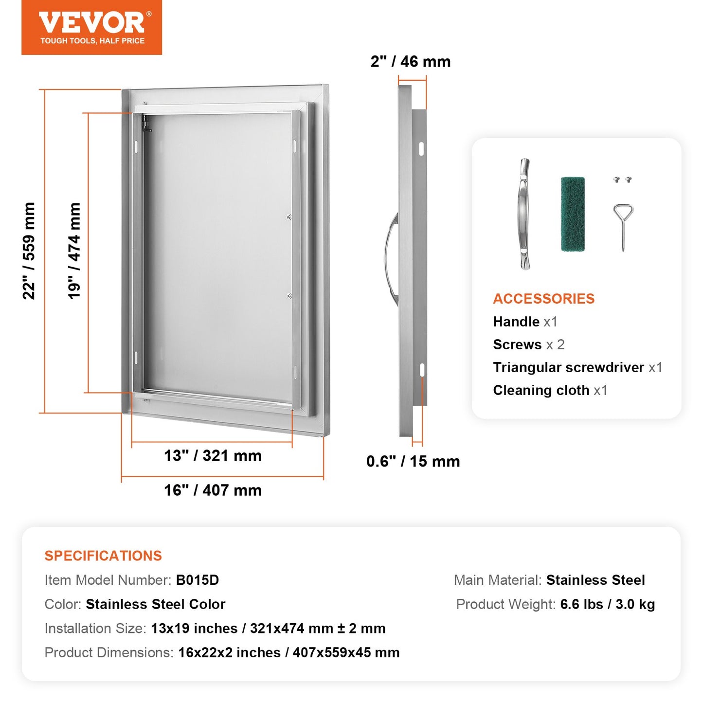 BBQ Access Door, 407x559 mm Single Outdoor Kitchen Door, Stainless Steel Flush Mount Door, Wall Vertical Door with Handle, for BBQ Island, Grilling Station, Outside Cabinet