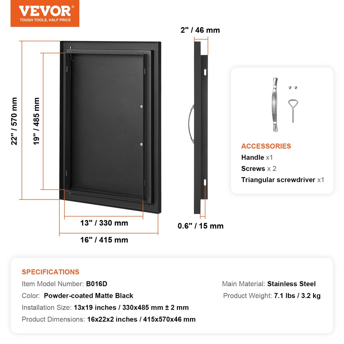 BBQ Access Door, 415x570 mm Single Outdoor Kitchen Door, Cold Plate Flush Mount Door, Wall Vertical Door with Handle, for BBQ Island, Grilling Station, Outside Cabinet