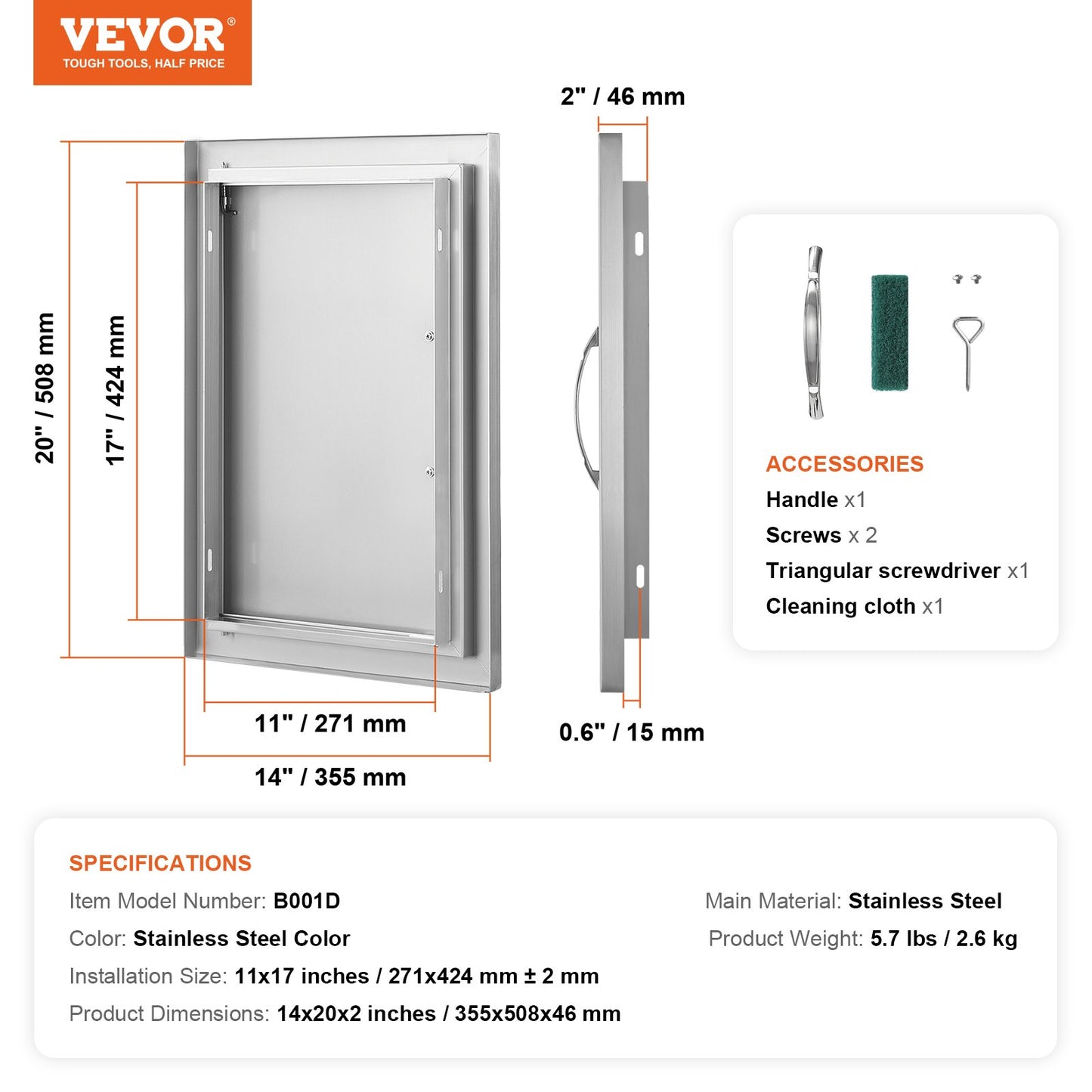 BBQ Access Door, 355x508 mm Single Outdoor Kitchen Door, Stainless Steel Flush Mount Door, Wall Vertical Door with Handle, for BBQ Island, Grilling Station, Outside Cabinet