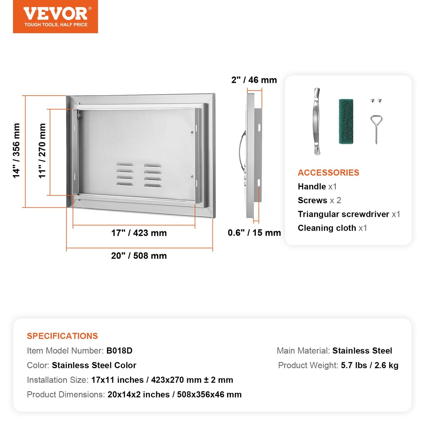 BBQ Access Door, 508x356 mm Single Outdoor Kitchen Door, Stainless Steel Flush Mount Door, Wall Vertical Door with Handle and vents, for BBQ Island, Grilling Station, Outside Cabinet
