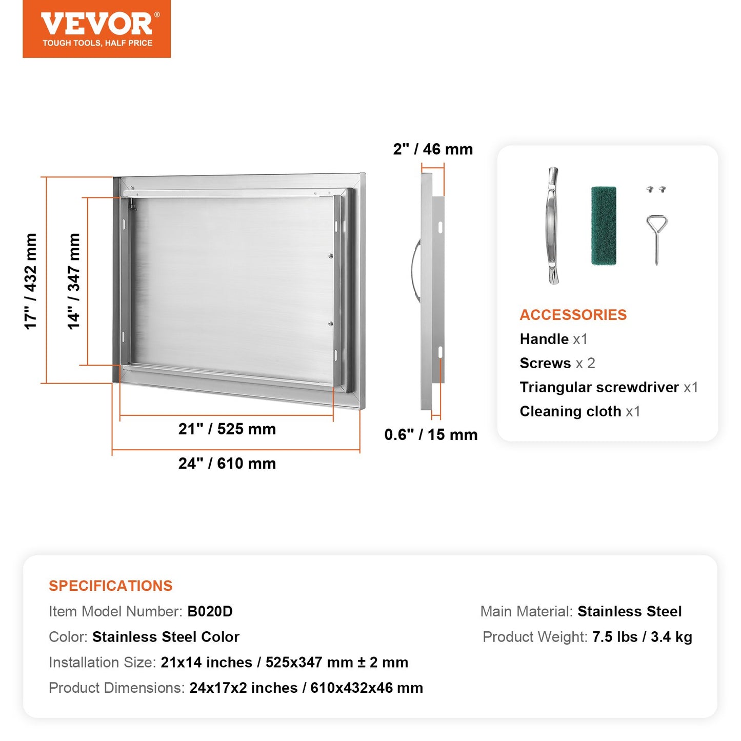 BBQ Access Door, 610x432 mm Single Outdoor Kitchen Door, Stainless Steel Flush Mount Door, Wall Vertical Door with Handle, for BBQ Island, Grilling Station, Outside Cabinet