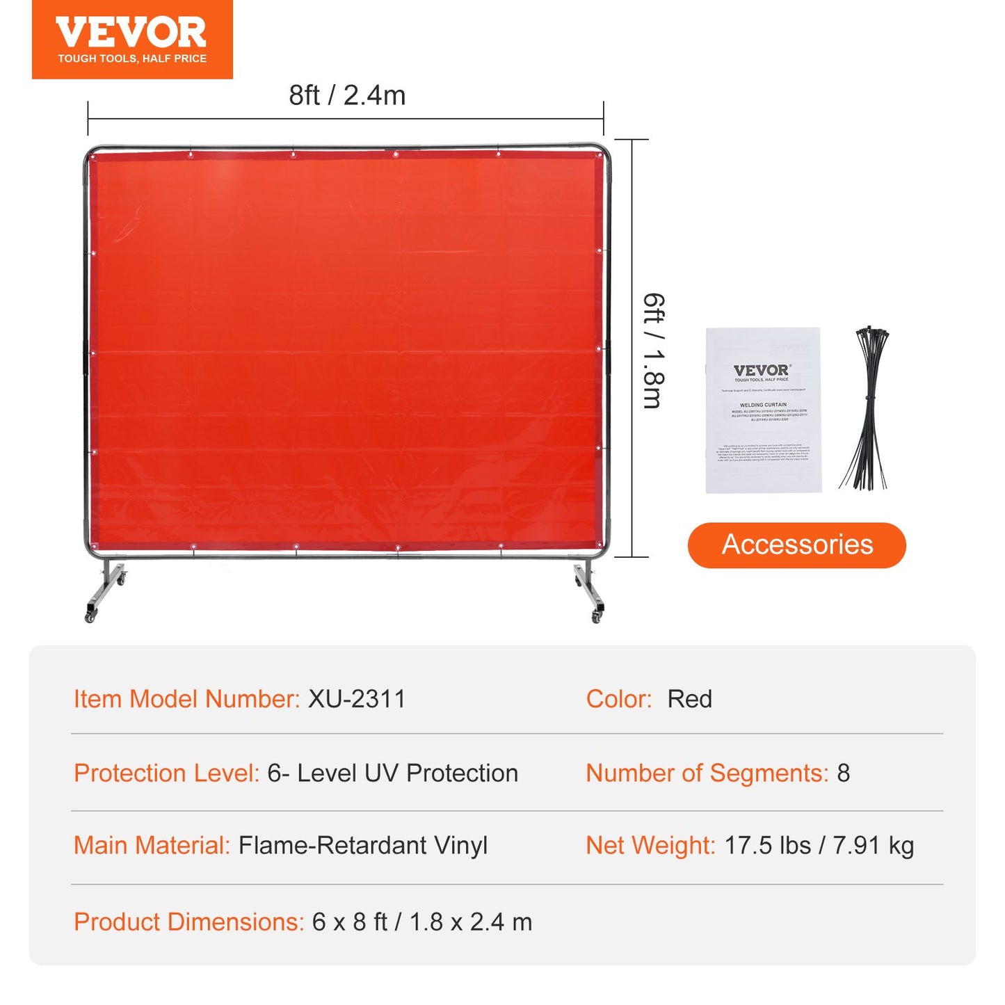 Welding Screen with Frame, 1.83 x 2.44 m Welding Curtain Screen, Flame-Resistant Vinyl Welding Protection Screen on 4 Swivel Wheels (2 Lockable), Moveable & Professional for Workshop/Industrial, Red
