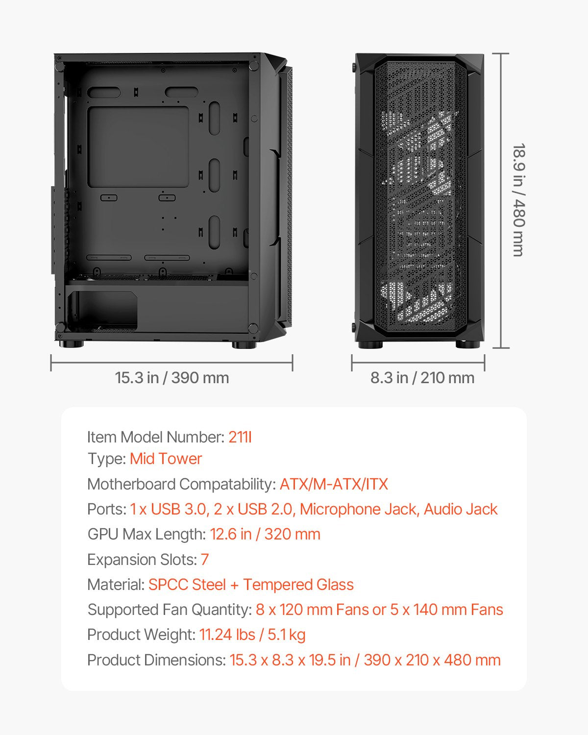 PC-spelchassi, mid-tower, datorchassi med högluftsflödespanel i härdat glas, dammfilter, 4 x 120 mm ARGB-fläktar, enkel kabelhantering, för GPU upp till 320 mm i längd, för ATX / M-ATX / ITX