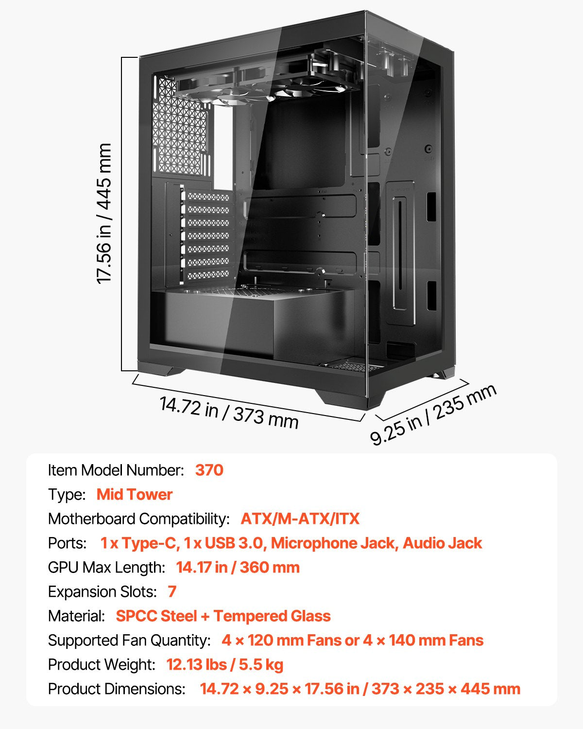 PC Gaming Case, Mid-Tower, Computer Case with High-Airflow Tempered Glass Panel, Dust Filter, 2 x 120 mm Fans, Cable Management, for GPU up to 360 mm in Length, Compatible with ATX/M-ATX/ITX