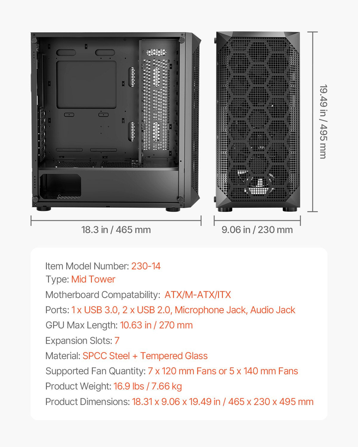 PC Gaming Case, Mid-Tower, Computer Case with High-Airflow Tempered Glass Panel, Dust Filter, 4 x 120 mm Fans, Cable Management, for GPU up to 270 mm in Length, Compatible with ATX/M-ATX/ITX