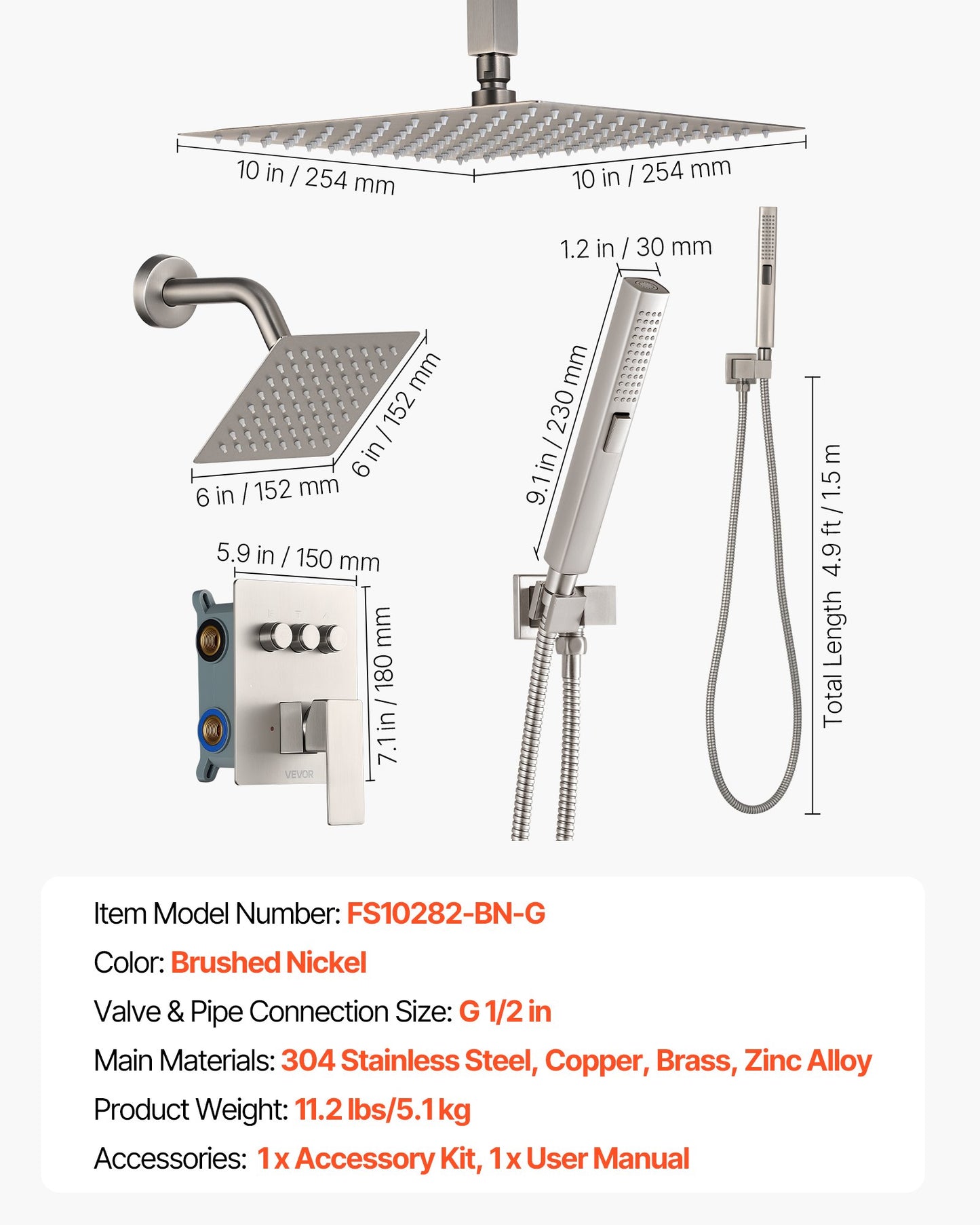 Duschblandareset, 254 mm takmonterat regnduschsystem med 152 mm väggmonterat huvud och 2-i-1 handdusch, roterbart 3-funktions dubbelt regnduschhuvud, mässingsventil och tillbehör, borstad nickel