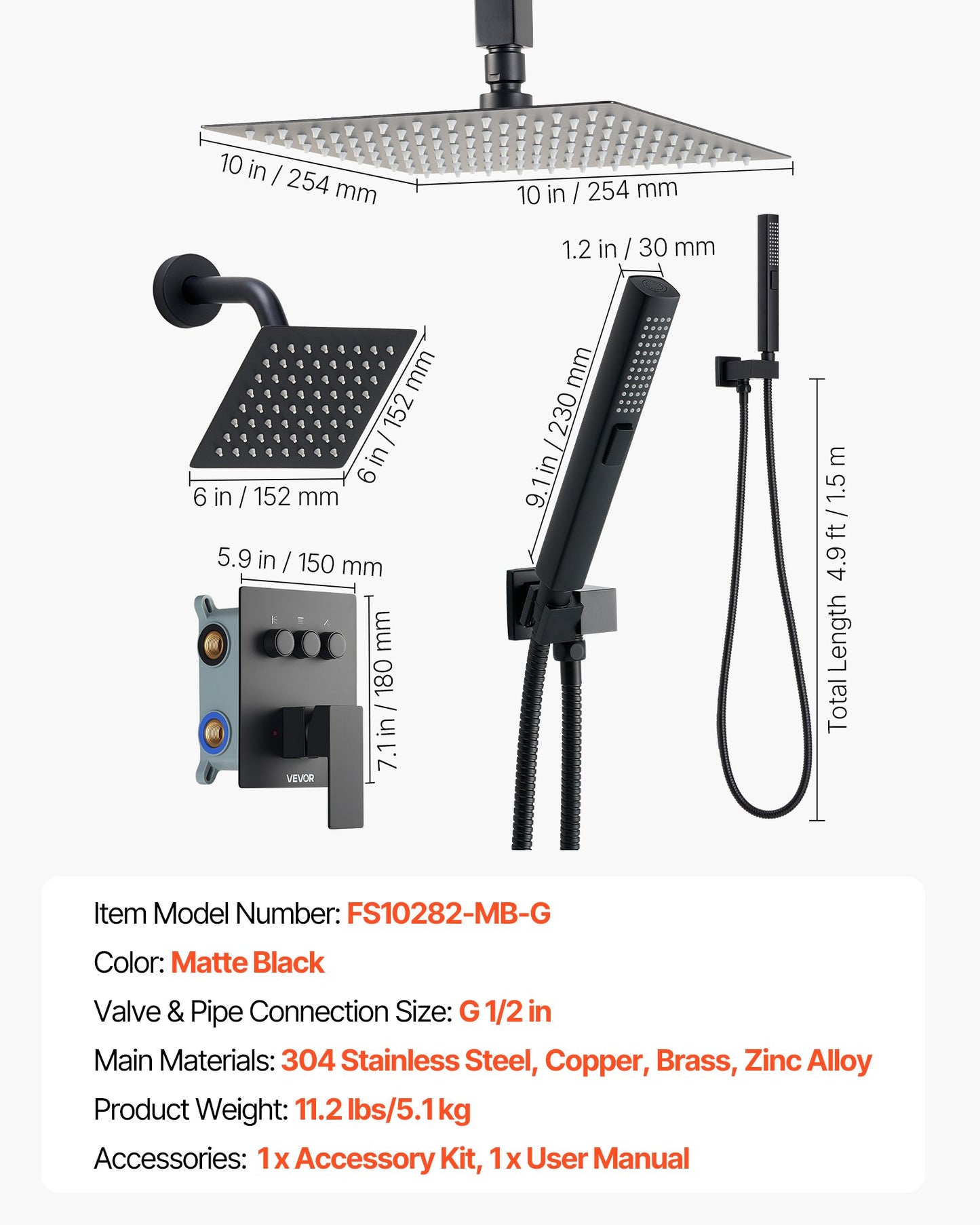 Duschblandareset, 254 mm takmonterat regnduschsystem med 152 mm väggmonterat huvud och 2-i-1 handdusch, roterbart 3-funktions dubbelt regnduschhuvud i mässing och tillbehör, mattsvart