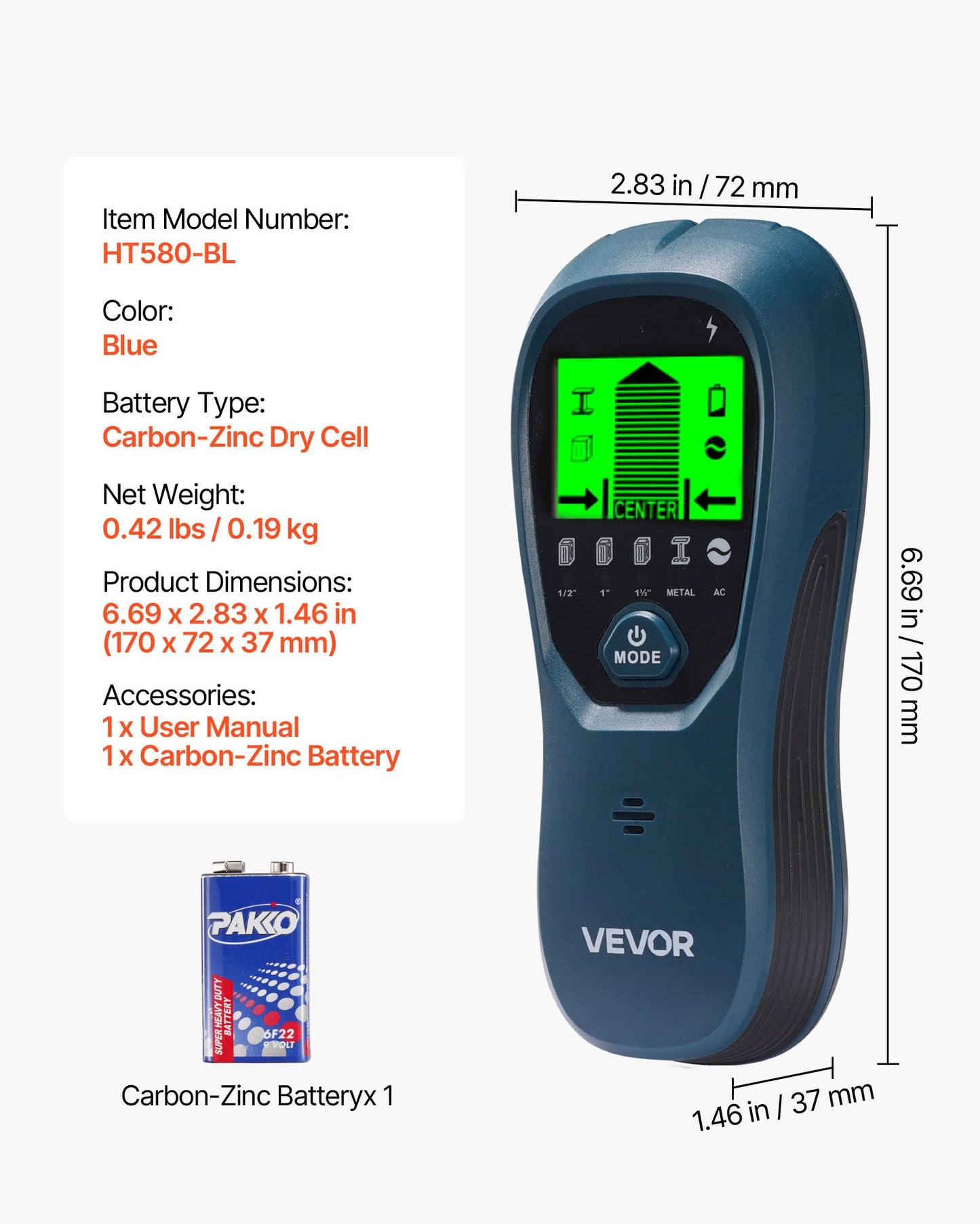 Regeldetektor Väggskanner, 5 i 1, Elektronisk Väggregeldetektor med Smart Sensor, HD LCD-Display och Ljudlarm, för mitten och kanten av metall, AC-ledning, Bjälkar, Rör, Blå