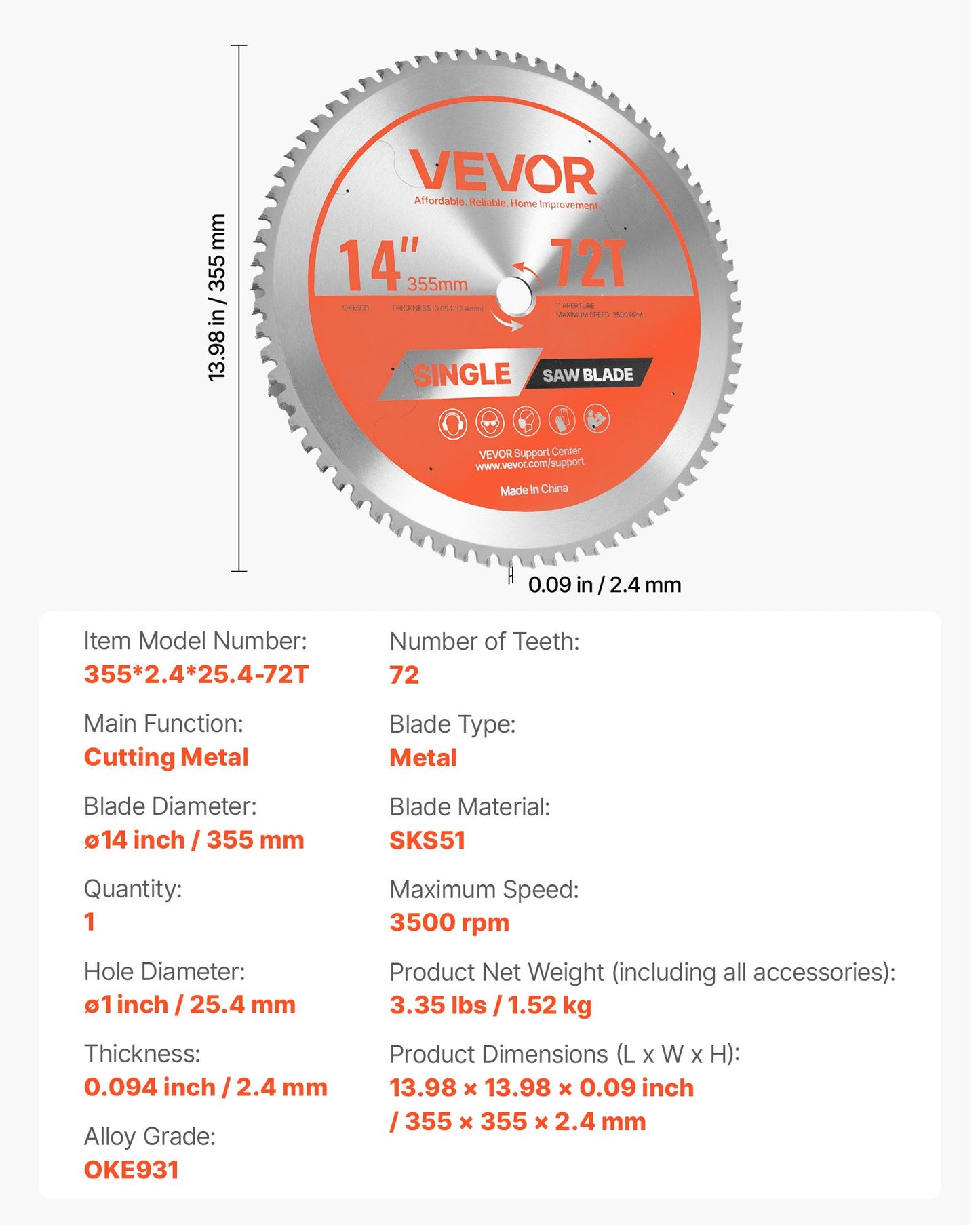 Circular Saw Blade, 355 mm Diameter, 72 Sharp Alloy Teeth, 25.4 mm Arbor, Fine Finish, Metal Cutting Blade for Circular Saw, with Noise-Reducing Heat Vents, for Cutting Steel and Aluminum