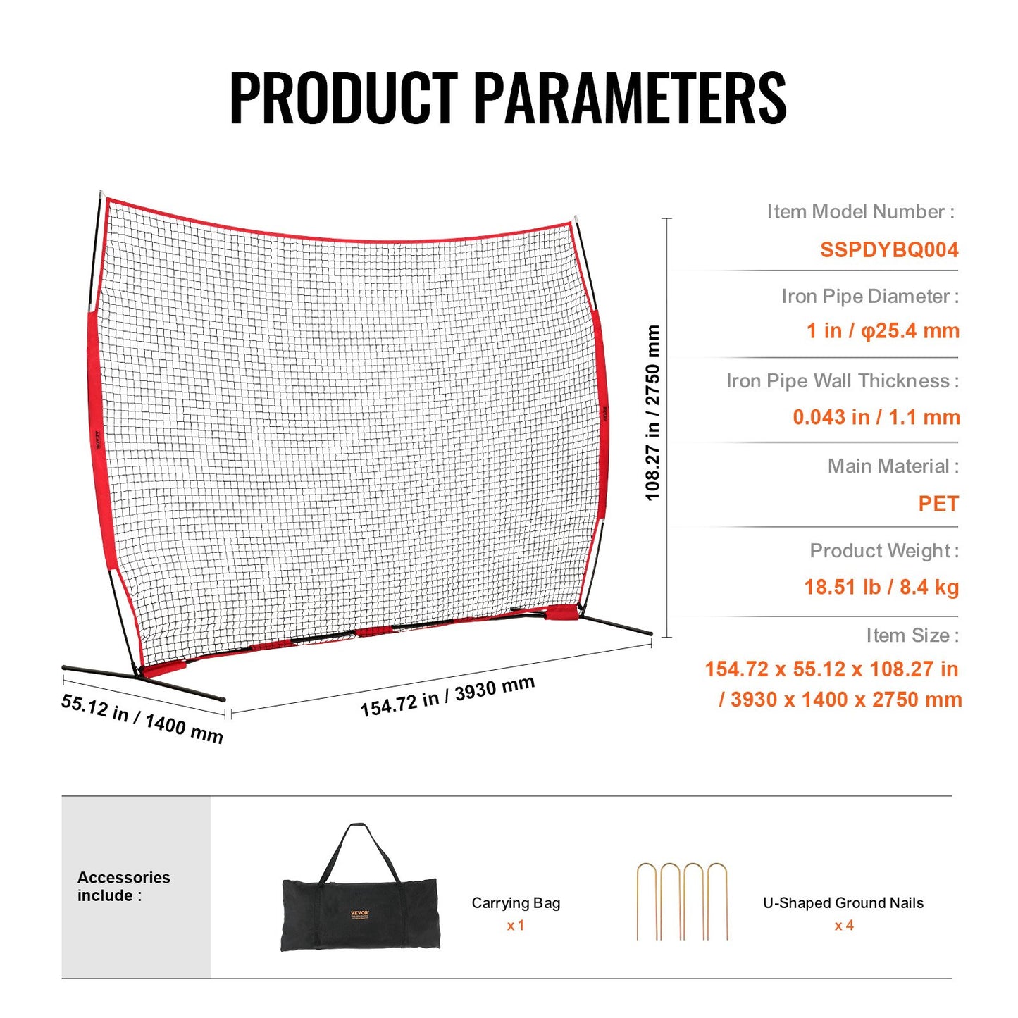 Barricade Backstop Net, 12x9 ft Ball Sports Barrier Netting, Portable Practice Equipment with Carry Bag, Protection Screen for Baseball Softball Lacrosse Soccer Hockey Training, for Backyard