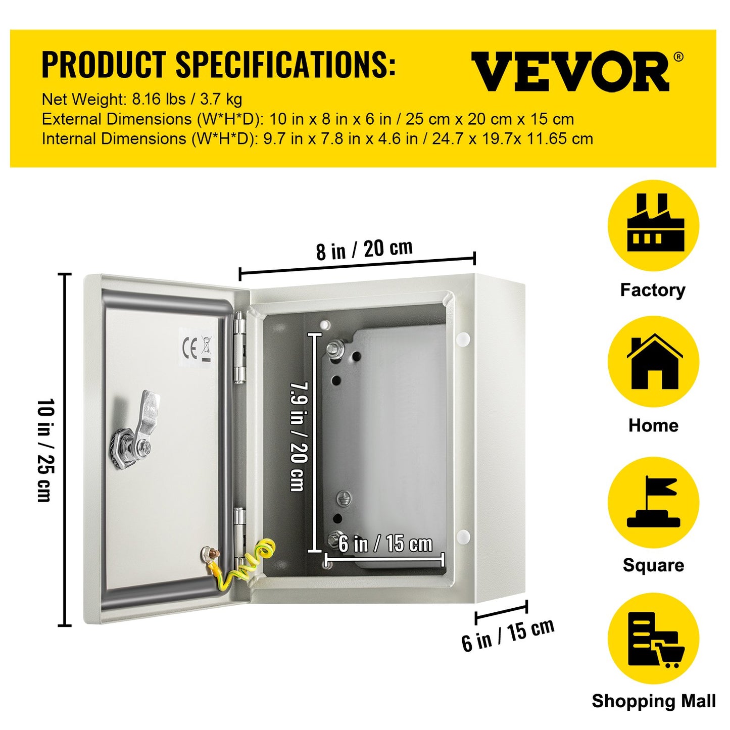 NEMA stålkapsling, 25x20x15 cm NEMA 4X stålelbox, IP66 vattentät och dammtät, kopplingsdosa för utomhus-/inomhusbruk, med monteringsplatta