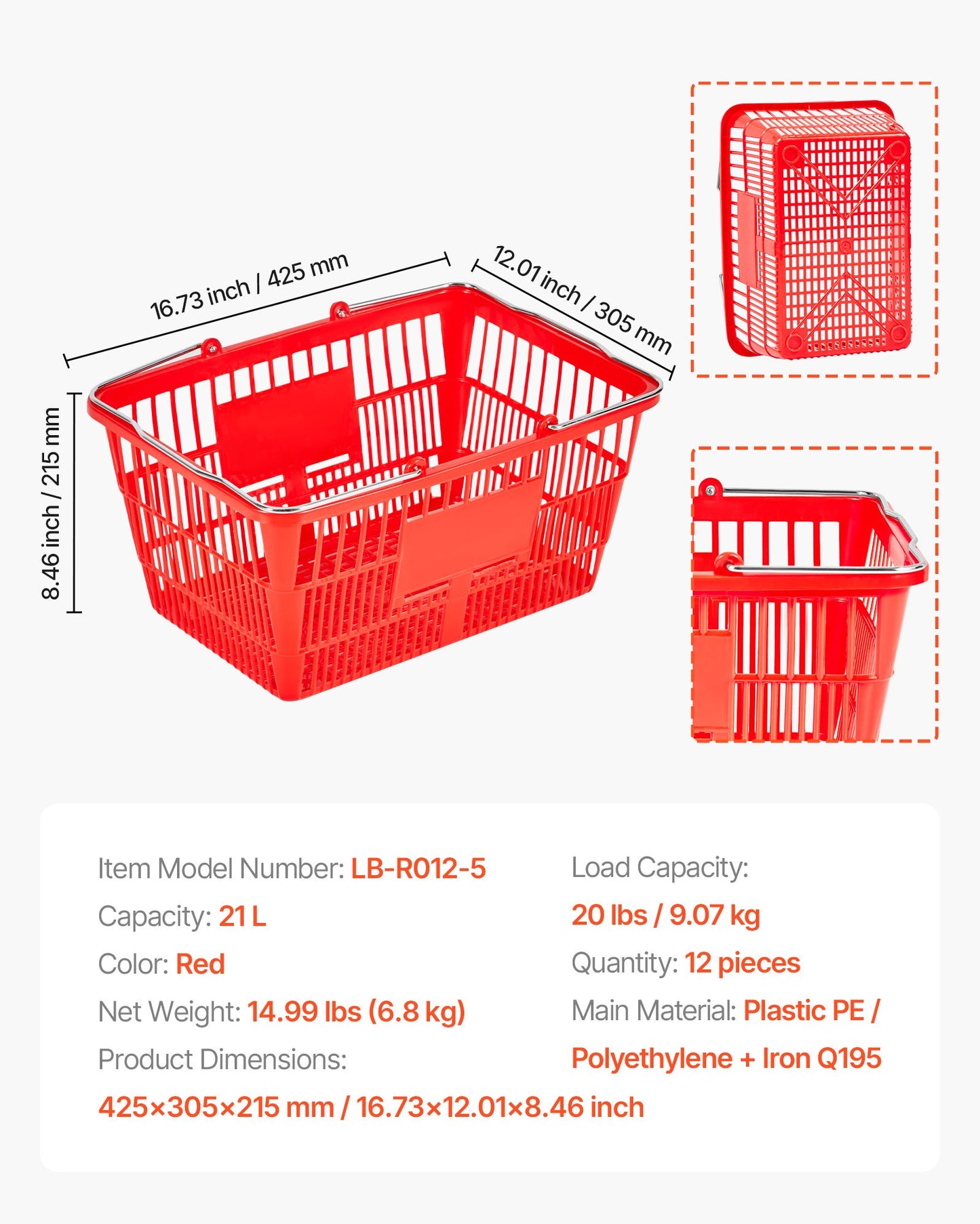 Shopping Baskets, 12 PCS, 21L Stackable PE Plastic Grocery Baskets with Metal Handles, Dense Mesh Structure, Holds up to 9.07kg, Portable for Grocery, Retail, Stores, Supermarket, Home Use, Red