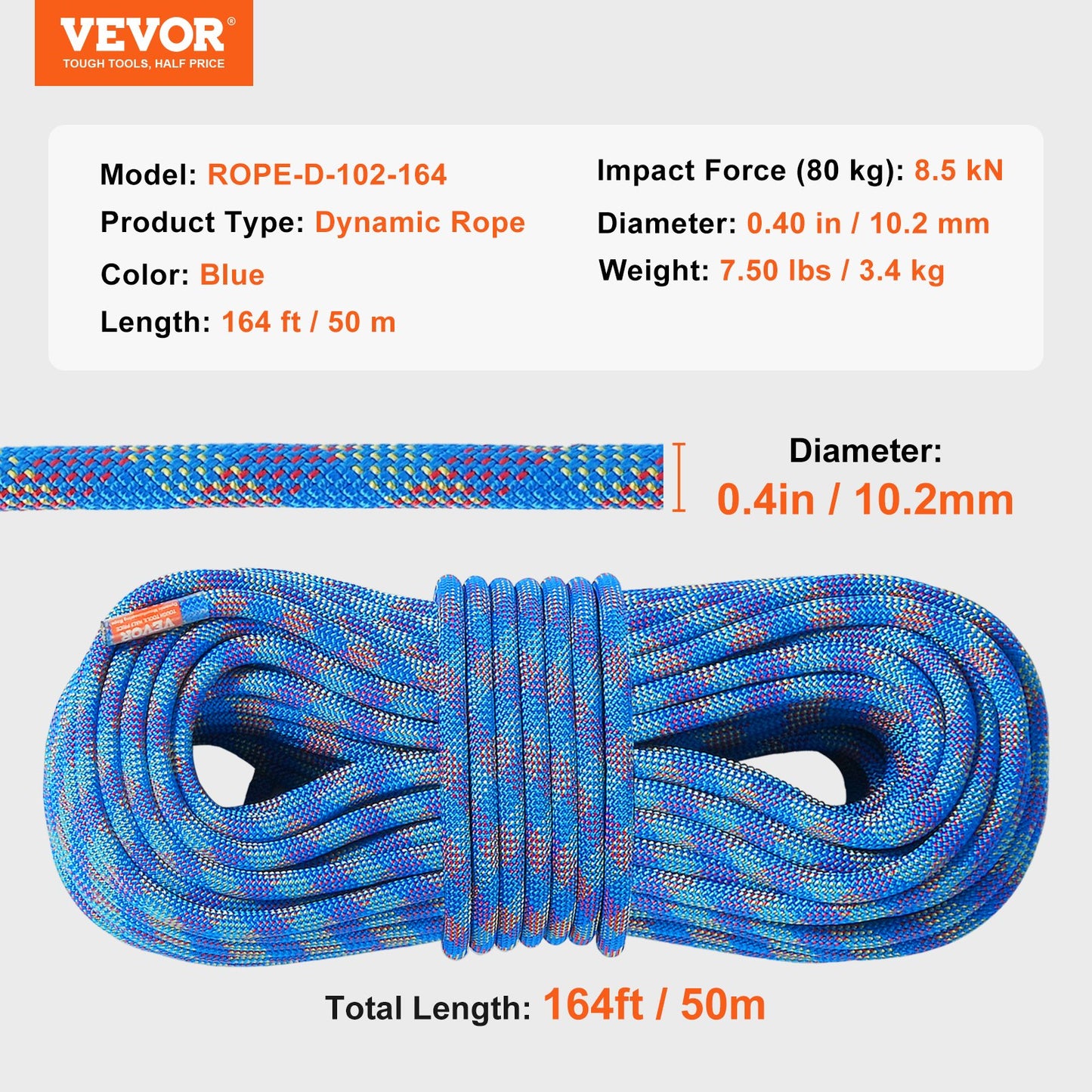 10.2mm Dynamic Climbing Rope, 50M(164ft) Outdoor Rock Climbing Rope 25KN Breaking Tension, Stretchable Fiber Rope with Steel Snap Hooks for Escape, Rappelling, Fire Rescue, Blue