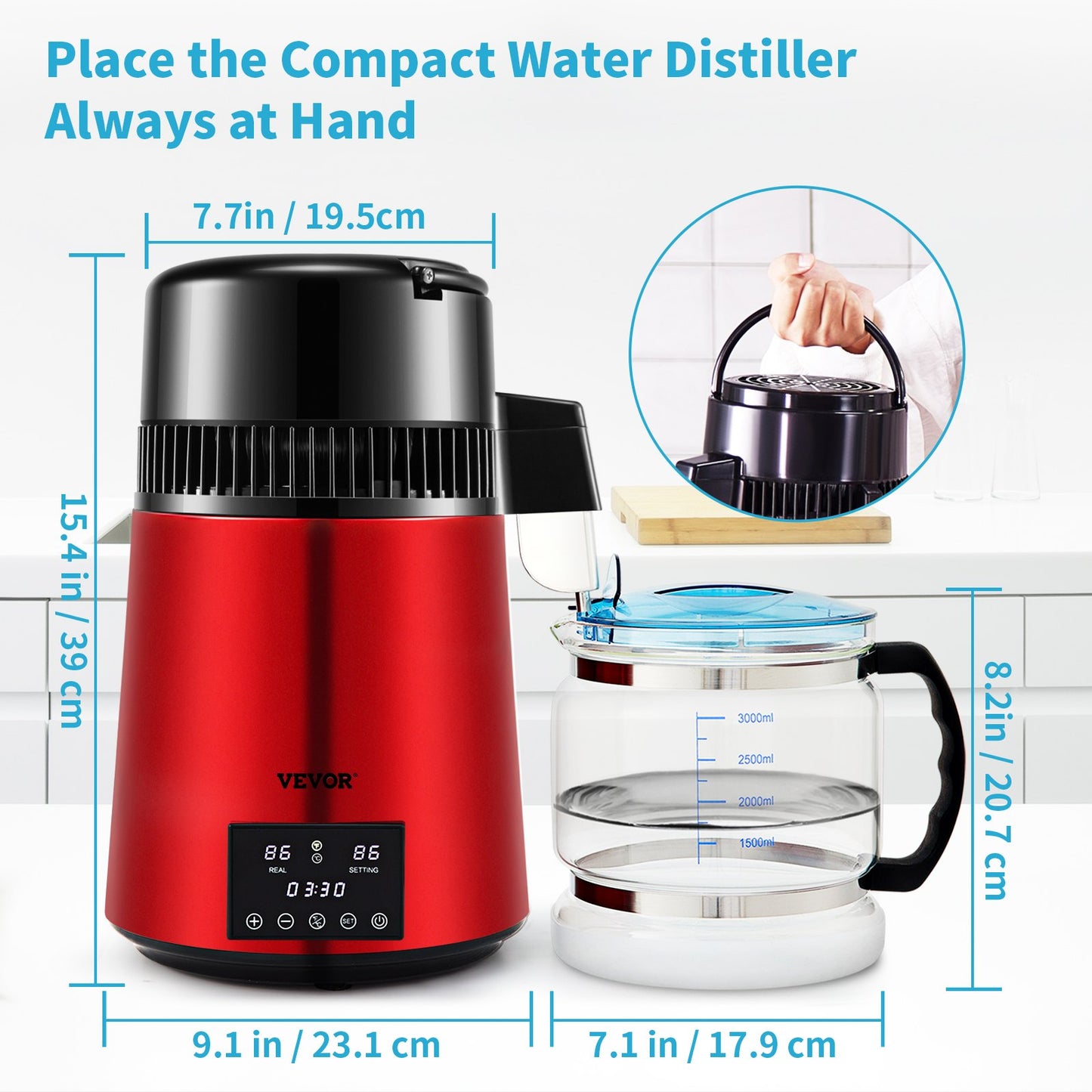 Water Distiller, 1 L/H, 4L Distilled Water Maker with 0-99 H Timing, 750W Countertop Water Purifier with Dual Temp Display, Glass Carafe Cleaning Powder 3 Carbon Packs Equipped, FDA Approved, Re