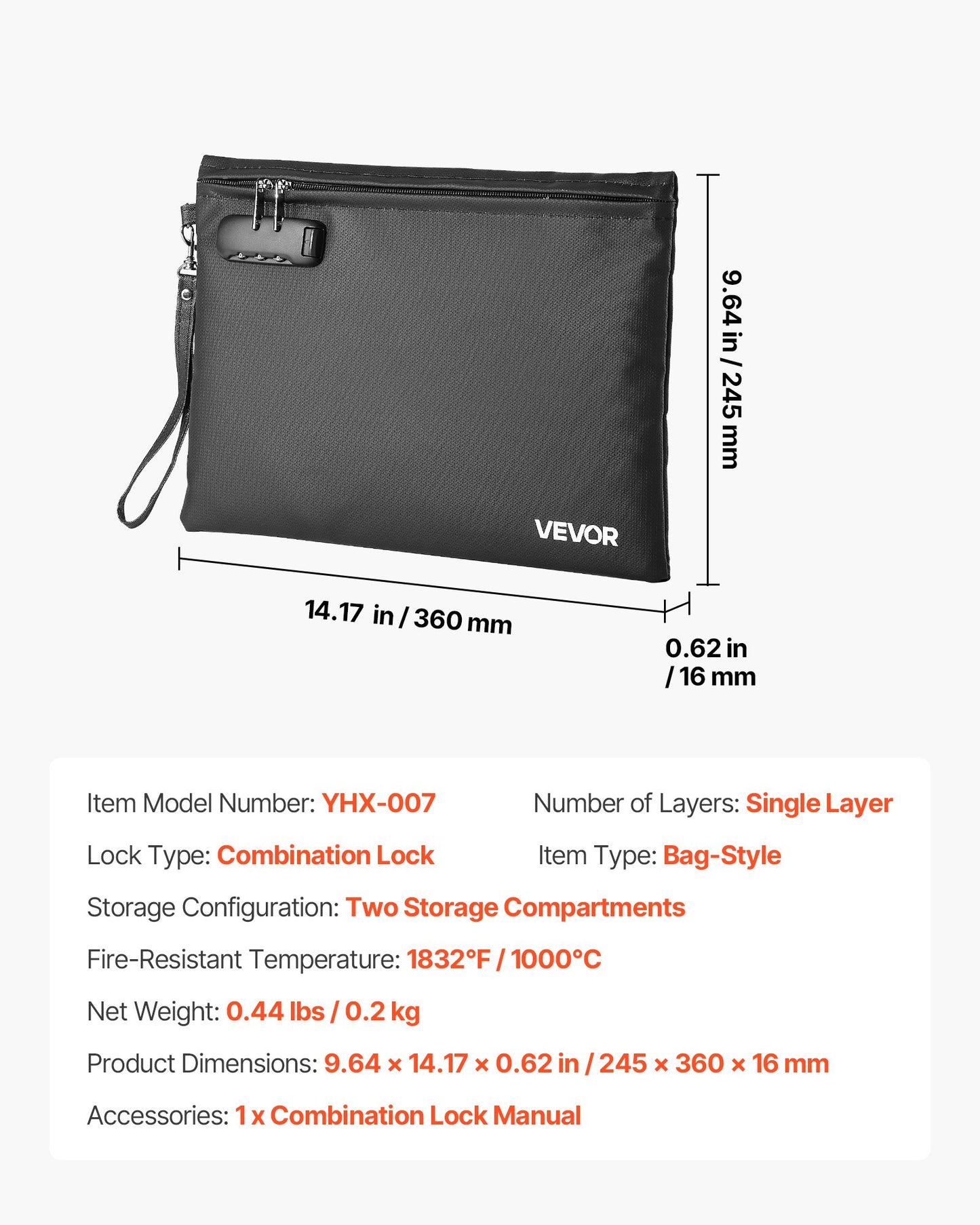 Fireproof Document Bag, 1000 ℃ Heat Insulated Fireproof & Waterproof Bag with Lock, Portable File Storage Security Organizer Home Office Travel Use, for Passports, Important Documents & Files