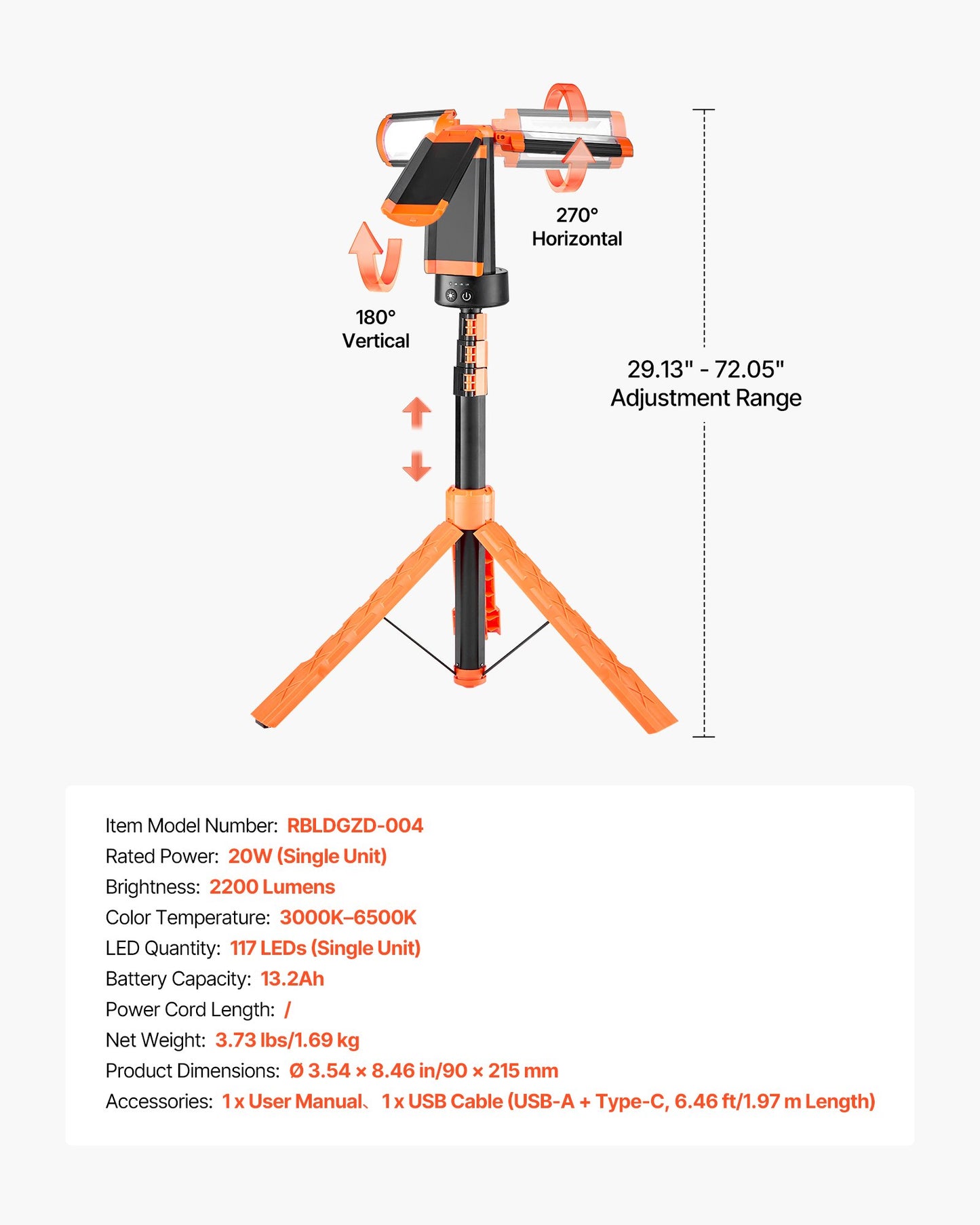 LED-arbetslampa med stativ, 13,2 Ah, laddningsbar sladdlös campinglampa, med 3 lamphuvuden, avtagbart stativ, 2200 lumen 3000K-6500K dimbar, bärbar byggbelysning för arbetsplatsen