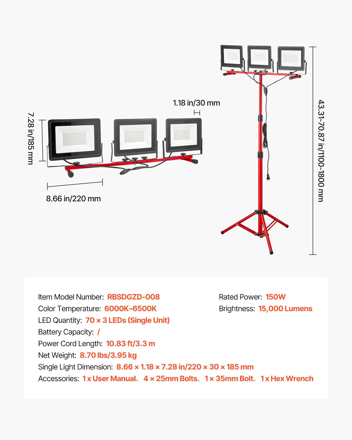 LED-arbetslampa med stativ, 15000 lumen, bärbar campinglampa med tre huvuden och individuell strömbrytare, stativ, 3,3 m nätsladd, för inomhus- och utomhusarbeten, IP65 vattentät
