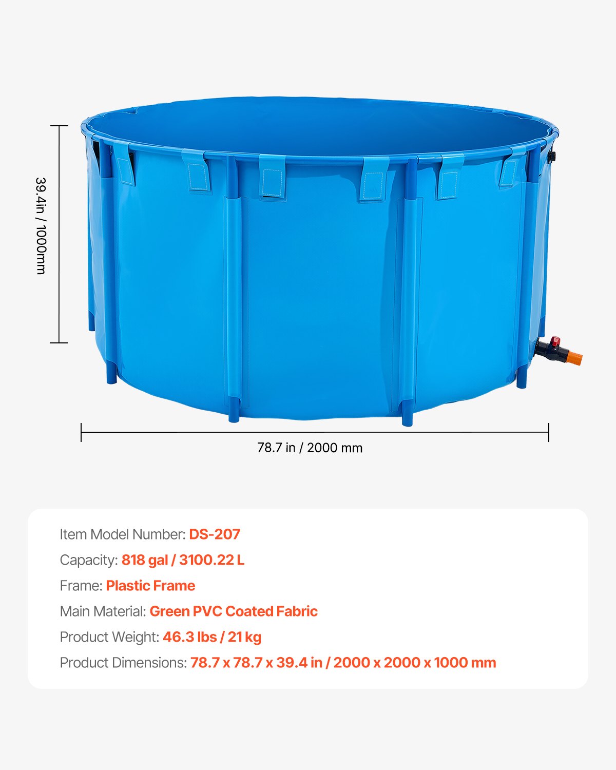 Fiskdamm i kanvas, 818 gallons kapacitet ovan mark, hopfällbar PVC-koi-akvarie, rund guldfiskakvarie med stabil ram och dräneringsventil, för vattenbruk, koi-odling och bevattning (blå)
