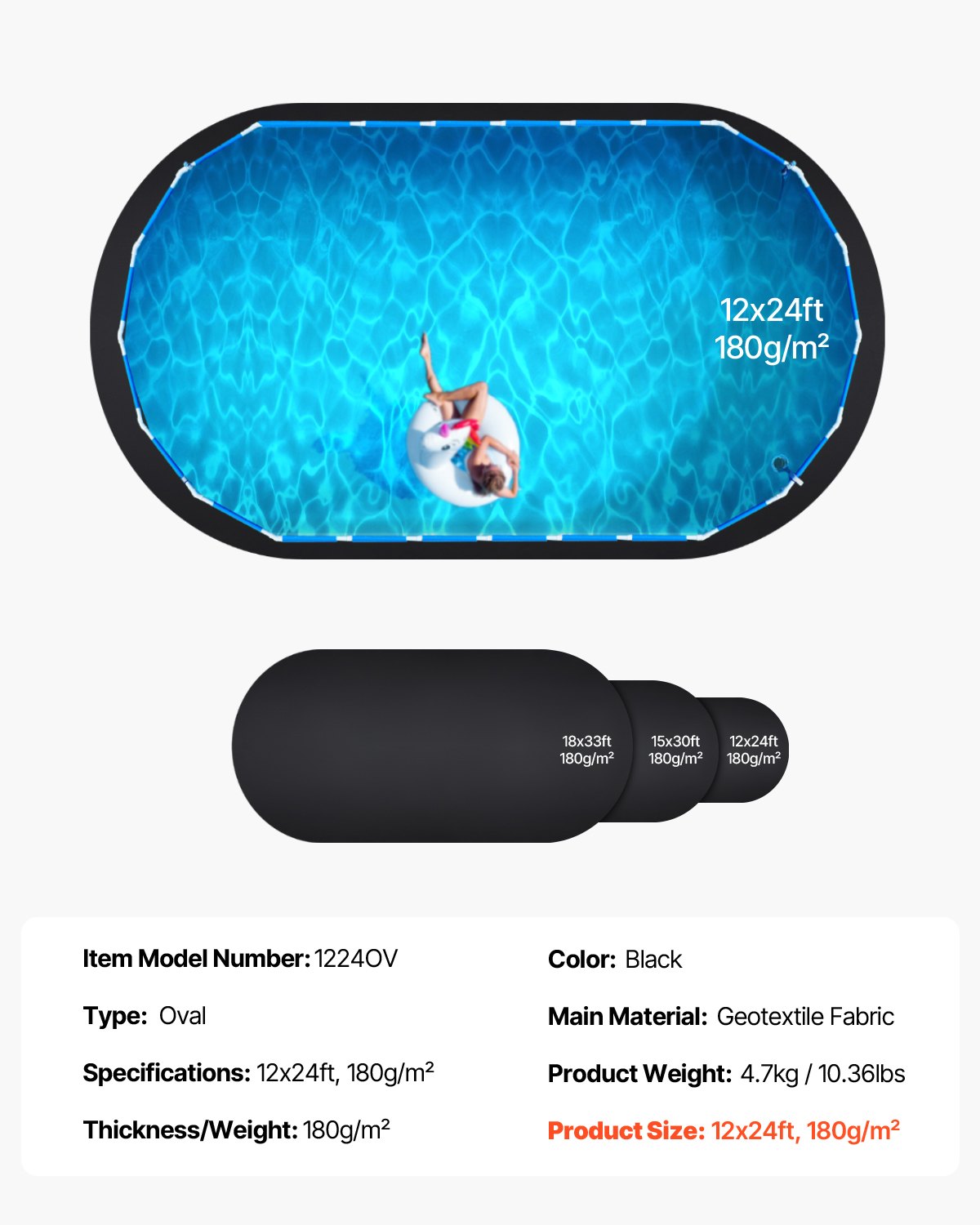 Oval Pool Liner Pad, 12 x 24 ft Pool Liner Pad for Above Ground Swimming Pools, Extra-Thick Pool Mat, Prevents Punctures, Recycled Geotextile Material Underlayment Pad, Extend Liner Life