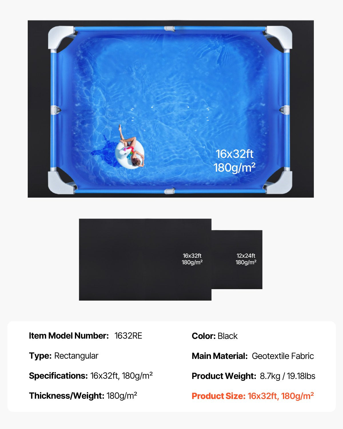Rektangulärt poolfoder, 4,6 x 9,6 m för ovanmarkspooler, extra tjock poolmatta, förhindrar punkteringar, underlag av återvunnet geotextilmaterial, förlänger fodrets livslängd