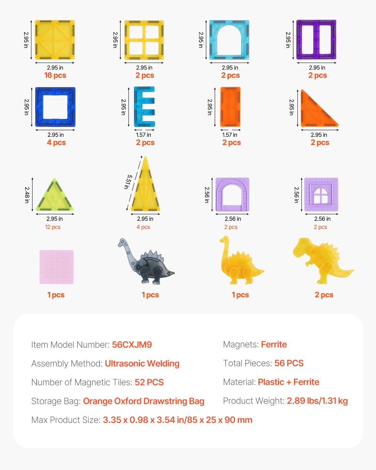 Magnetic Tiles, 56 PCS Magnetic Animals Building Blocks for Kids, Magnet Building Set with 4 Dinosaurs, STEM Sensory Educational Construction Stacking Toys Gift for Toddlers Boys Girls Aged 3+