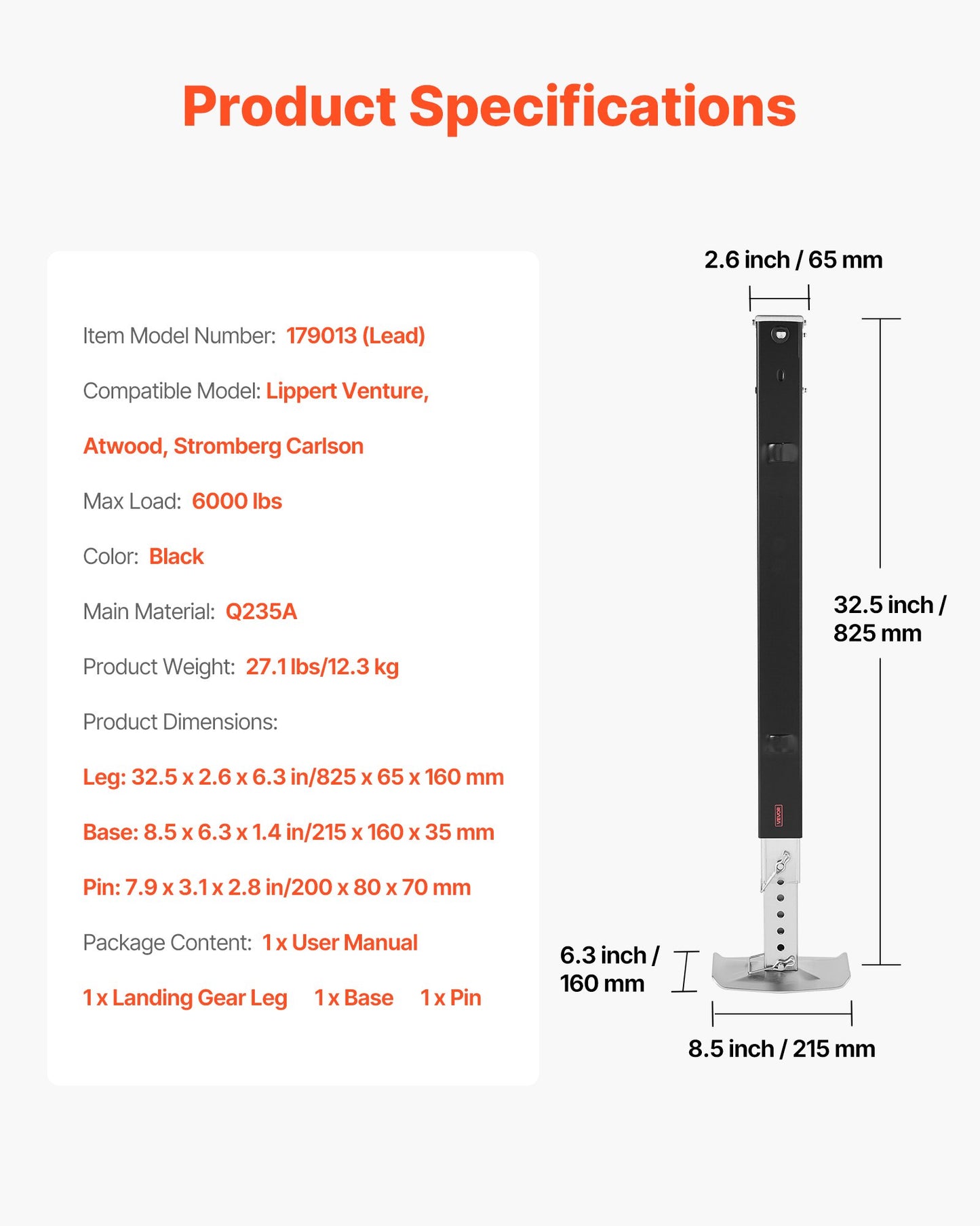 RV Lead Fifth Wheel Landing Gear Leg 179013, 825 mm 5th Wheel Landing Gear Universal Replacement Compatible with Lippert Venture, Atwood, Stromberg Carlson Systems, with Pin and Base, Black