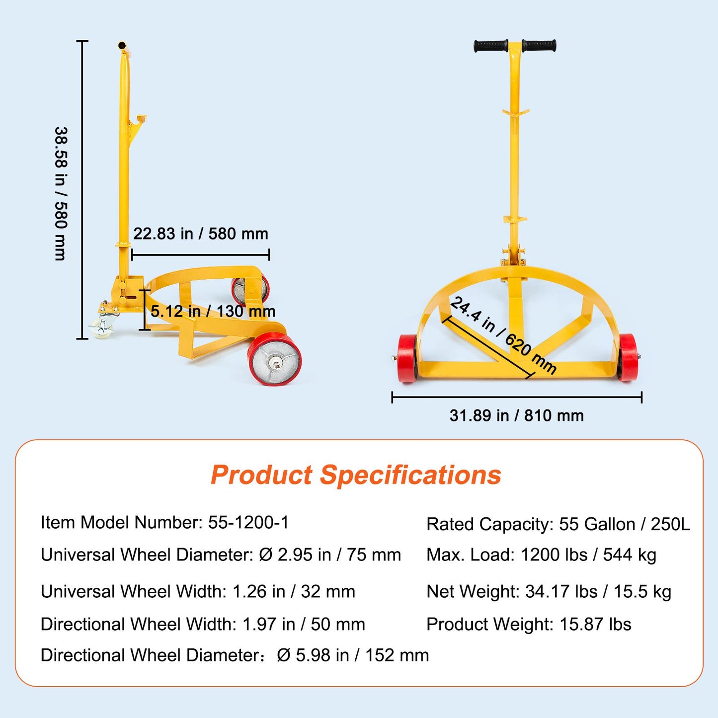 208.2 L Drum Dolly, 544.3 kg Load Capacity, Barrel Dolly Cart Drum Caddy Round Dolly Steel Low Profile, Heavy Duty Steel Frame with Adjustable Handle 3 Wheels, for Workshop Factory Warehouse