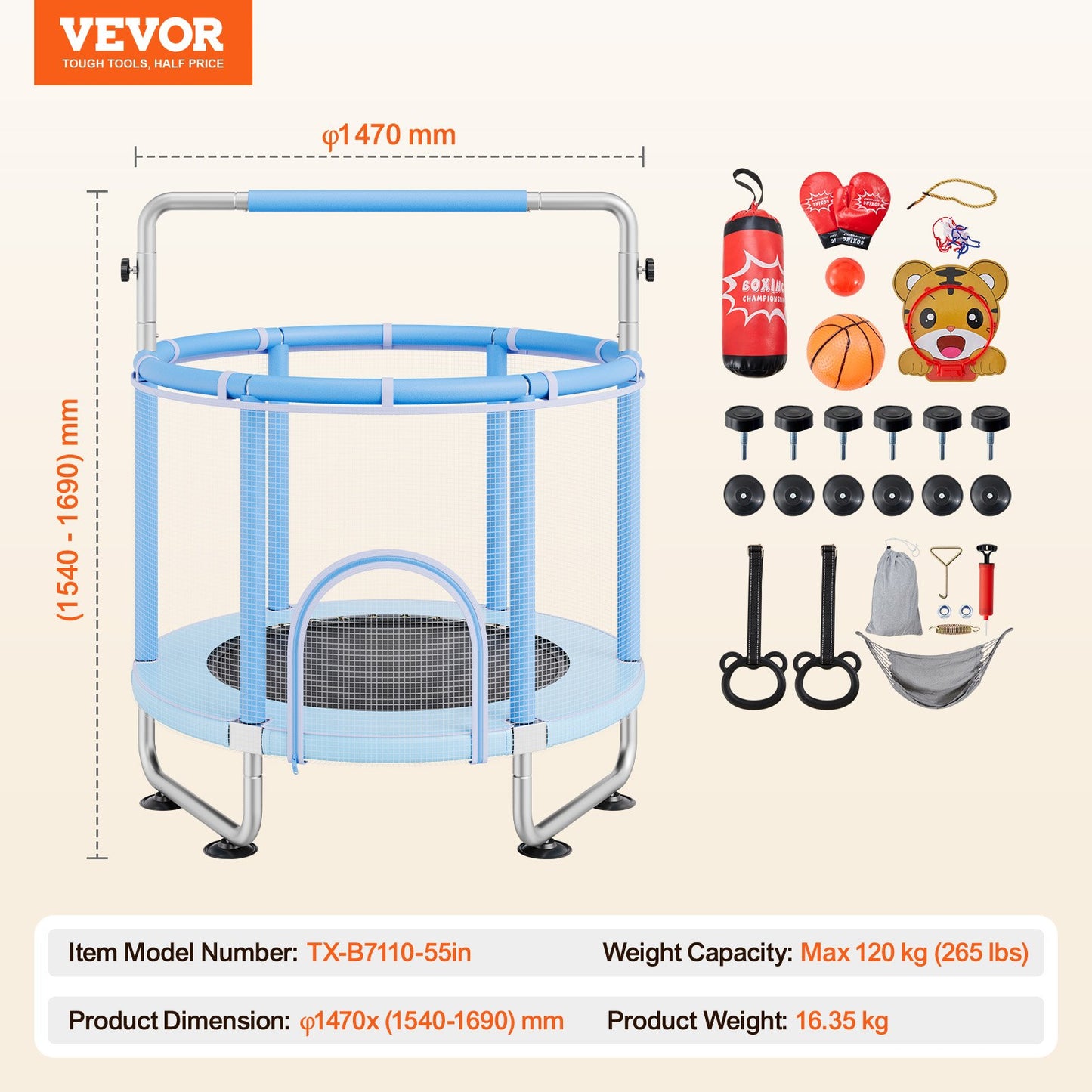 135 cm barnstudsmatta, 1,2 m inomhus- och utomhusstudsmatta, mini-studsmatta för småbarn med säkerhetsnät och basketkorg, födelsedagspresenter, julleksaker för barn från 3 år, blå