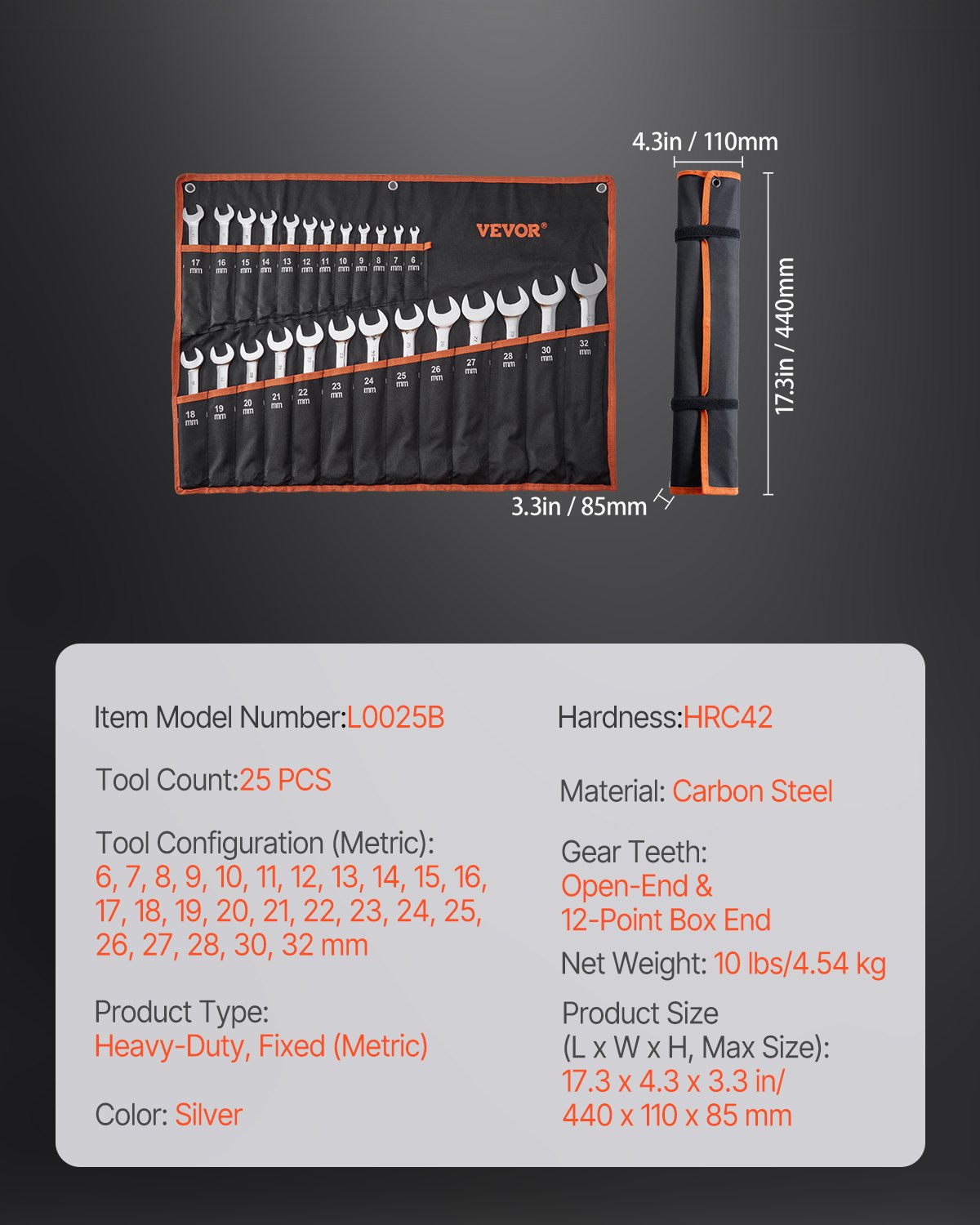 Combination Wrench Set, 25-Piece Open End Wrench Set with Roll-up Pouch, Carbon Steel Wrench Set Metric 6 mm to 32 mm, Ideal for General Household, Garage, Workshop, Auto Repairs, Emergency