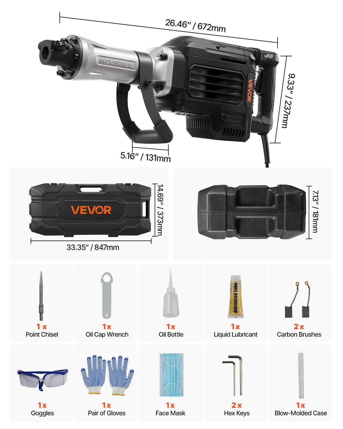 Rivningshammare, 3000 W kraftfull elektrisk tryckluftshammare, 1700 slag/min betongbrytare med spetsmejsel, bärväska, handskar, skyddsglasögon, för betong, väggar, tegel, kakel och grund