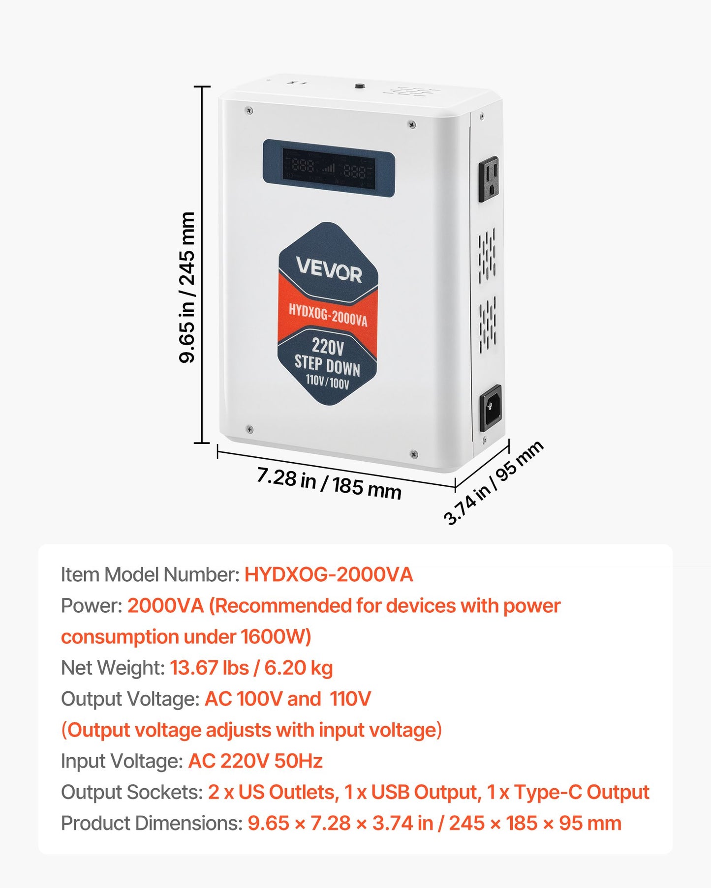 Nedspänningsomvandlare, 2000VA, Kraftig spänningsomvandlare, 220V till 110V transformator, med 2 US-uttag, USB-utgång, LCD-display, temperaturskydd, för 110V-apparater