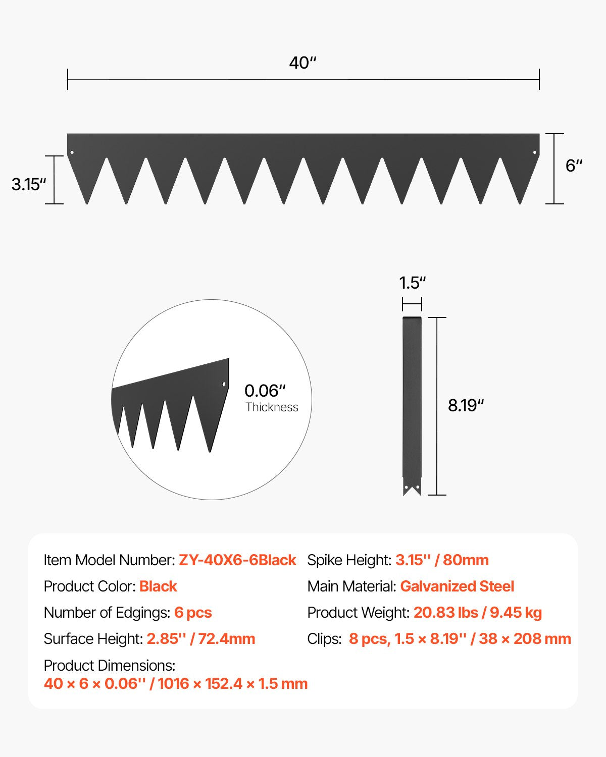 Stålkantlist, 6-pack 40 x 6 tum rostbeständig metallkantlist, böjbar trädgårdskant, kraftig gräsmatta, enkel att installera, rabattgångavdelare svart
