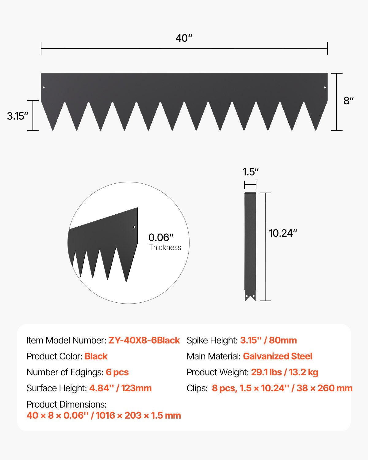 Stålkantlist, 6-pack 40 x 8 tum rostbeständig metallkantlist, böjbar trädgårdskant, kraftig gräsmatta, enkel att installera, rabattgångavdelare svart