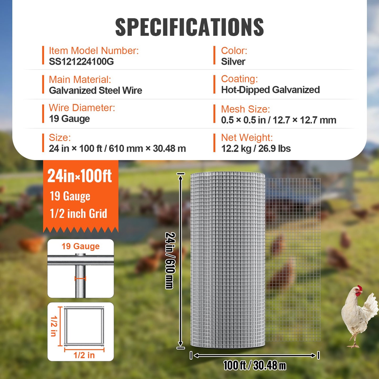 Hardware Cloth, 1/2 inch 24in x 100 ft 19 Gauge, Hot Dipped Galvanized Wire Mesh Roll, Chicken Wire Fencing, Wire Mesh for Rabbit Cages, Garden, Small Rodents
