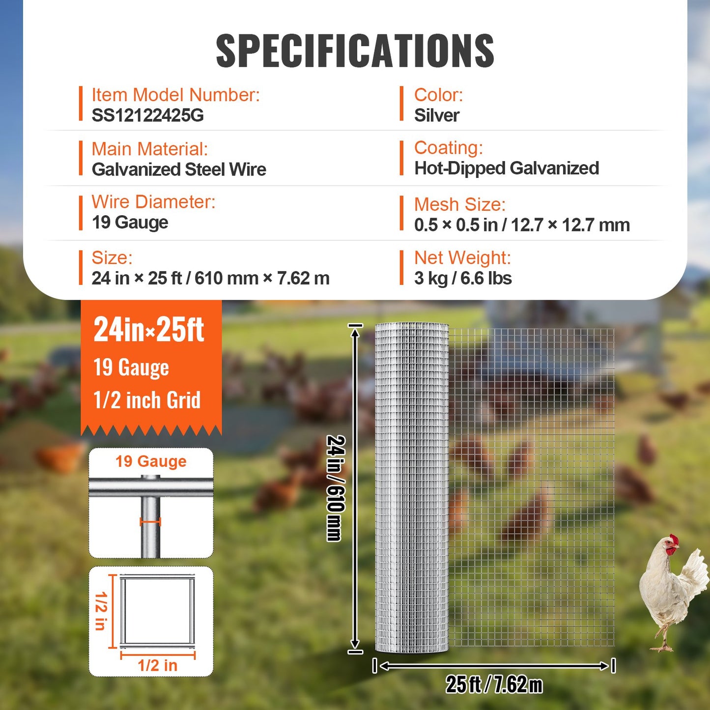 Hardware Cloth, 1/2 inch 24in x 25 ft 19 Gauge, Hot Dipped Galvanized Wire Mesh Roll, Chicken Wire Fencing, Wire Mesh for Rabbit Cages, Garden, Small Rodents