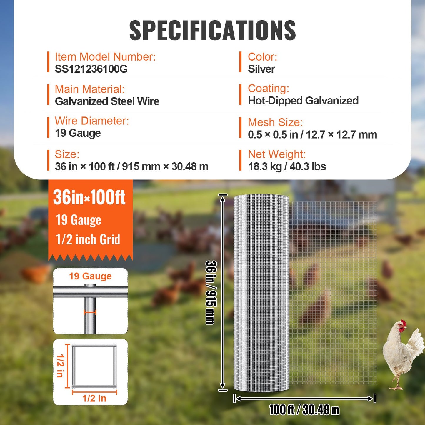 Hardware Cloth, 1/2 inch 36in x 100 ft 19 Gauge, Hot Dipped Galvanized Wire Mesh Roll, Chicken Wire Fencing, Wire Mesh for Rabbit Cages, Garden, Small Rodents