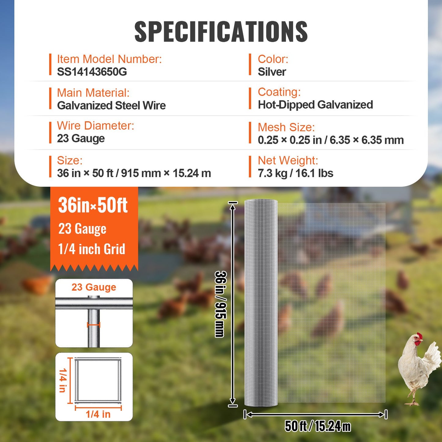 Järnvaruduk, 1/4 tum 36 tum x 50 fot 23 Gauge, varmgalvaniserad trådnätsrulle, hönsnätsstängsel, trådnät för kaninburar, trädgård, små gnagare